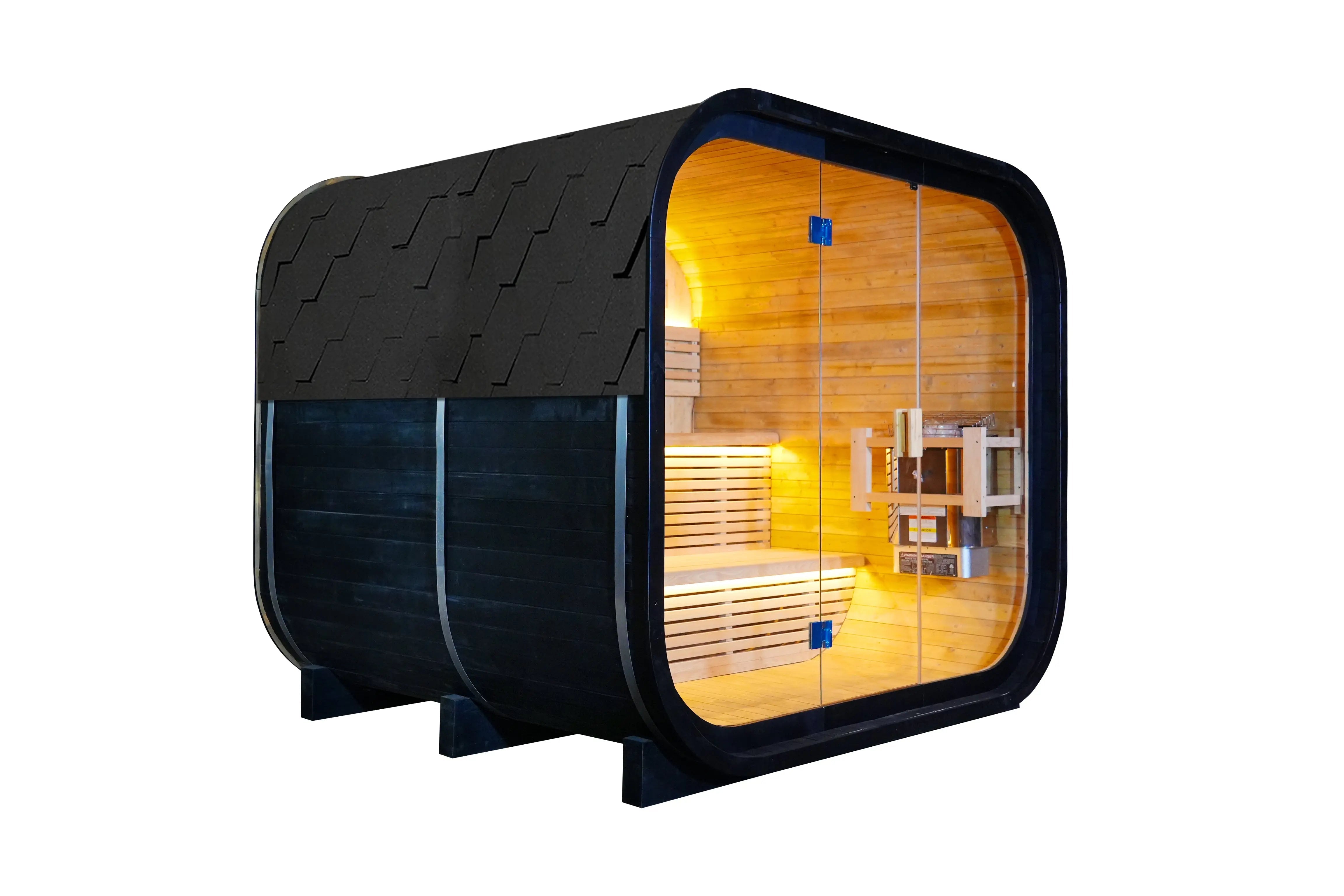 Outdoor Traditional Square Steam Sauna, Carbonized Spruce Wood Sauna Room with Weatherproof Asphalt Shingle Roof, Home Spa Sauna Kit with Tempered Glass Door & Sauna Accessories