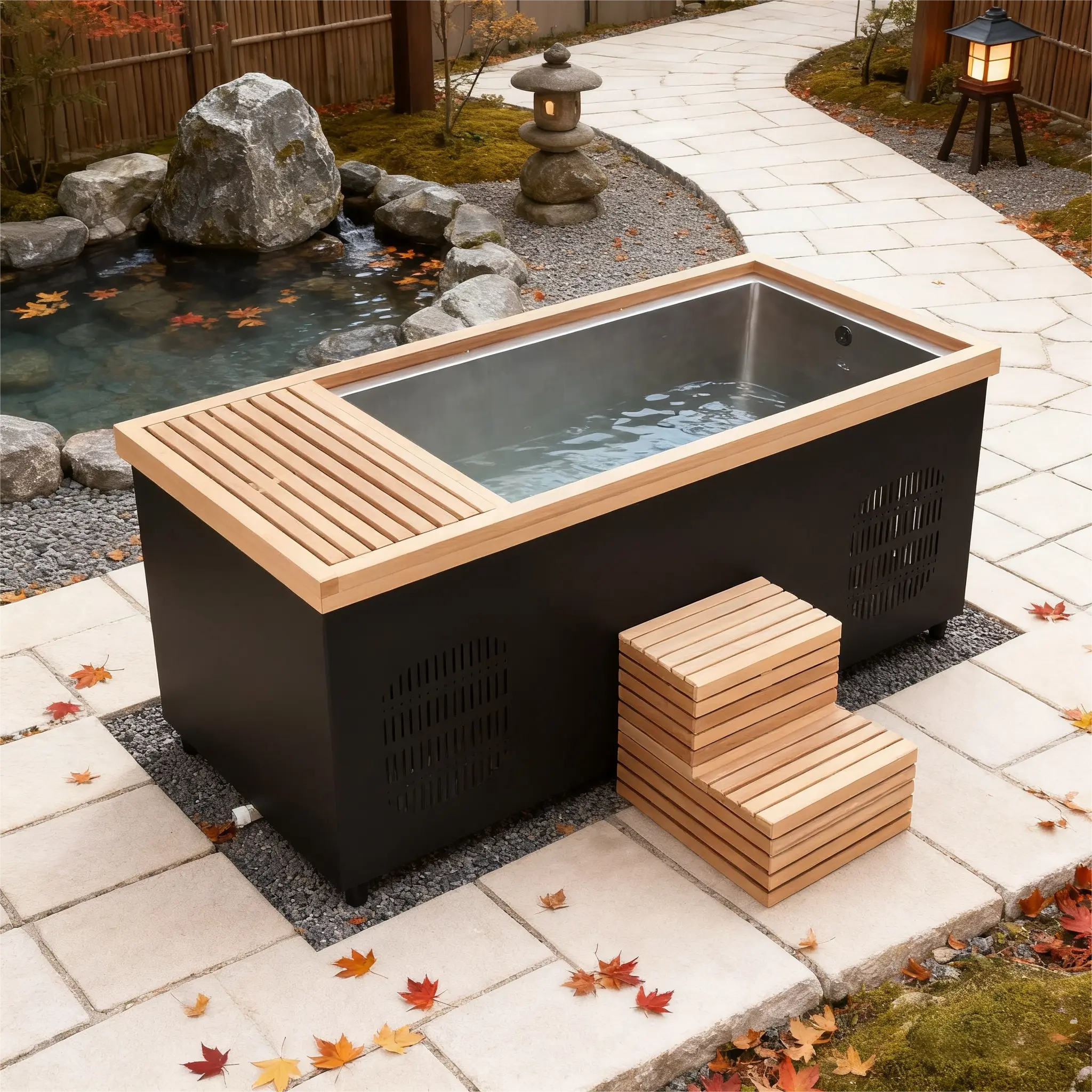 ICE TUB – Single-Person Rectangular Cold Plunge for Recovery & Wellness, Red Cedar Ice Bath with Chiller & Stairs