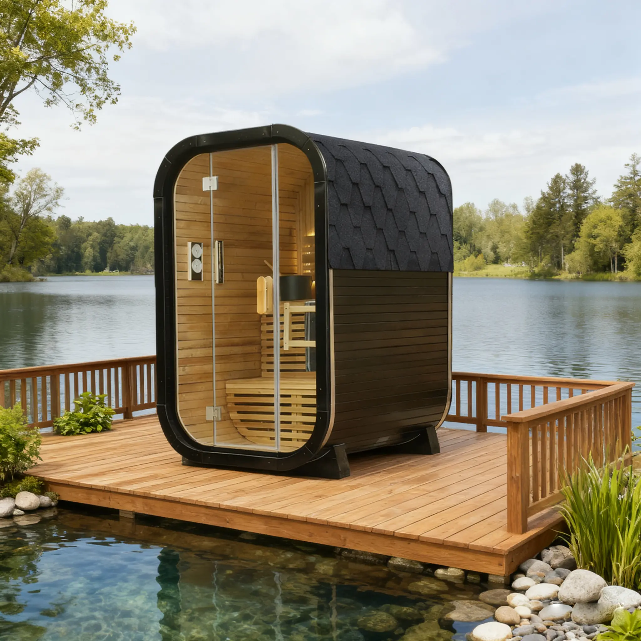 Carbonized Spruce Traditional Steam Outdoor Square Sauna for 1–2 Persons, Compact Home Spa Sauna Kit with Tempered Glass Door