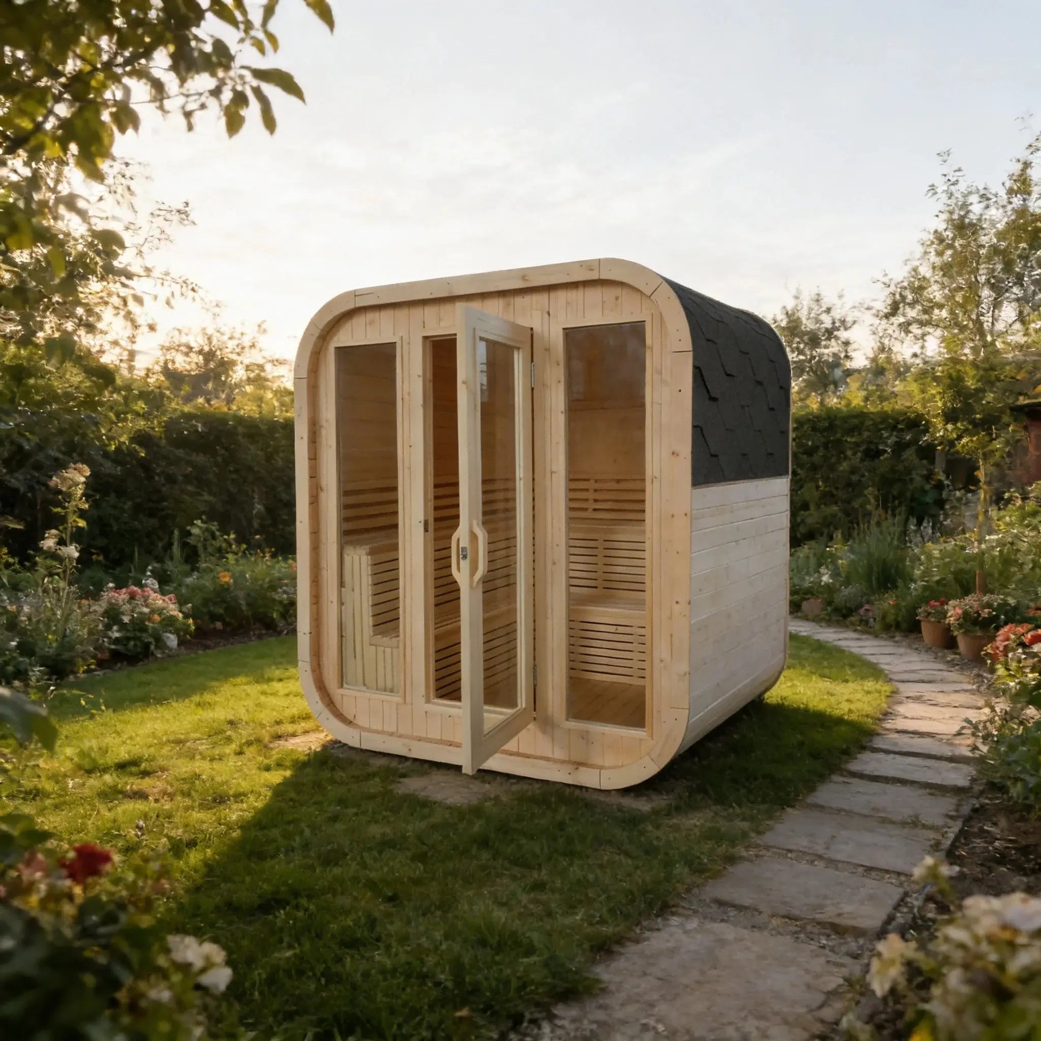 4-6 Person Outdoor Square Traditional White Pine Steam Sauna with Tempered Glass Panels & Weatherproof Roof