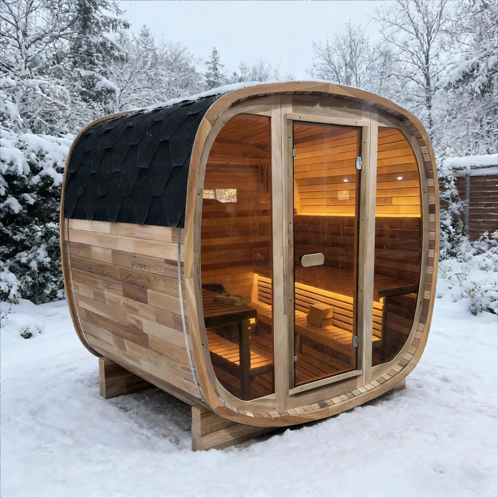 4-6 Person Tinted Glass Panel and Red Cedar Outdoor Square Traditional Steam Sauna, Weather-Resistant Solid Wood Sauna