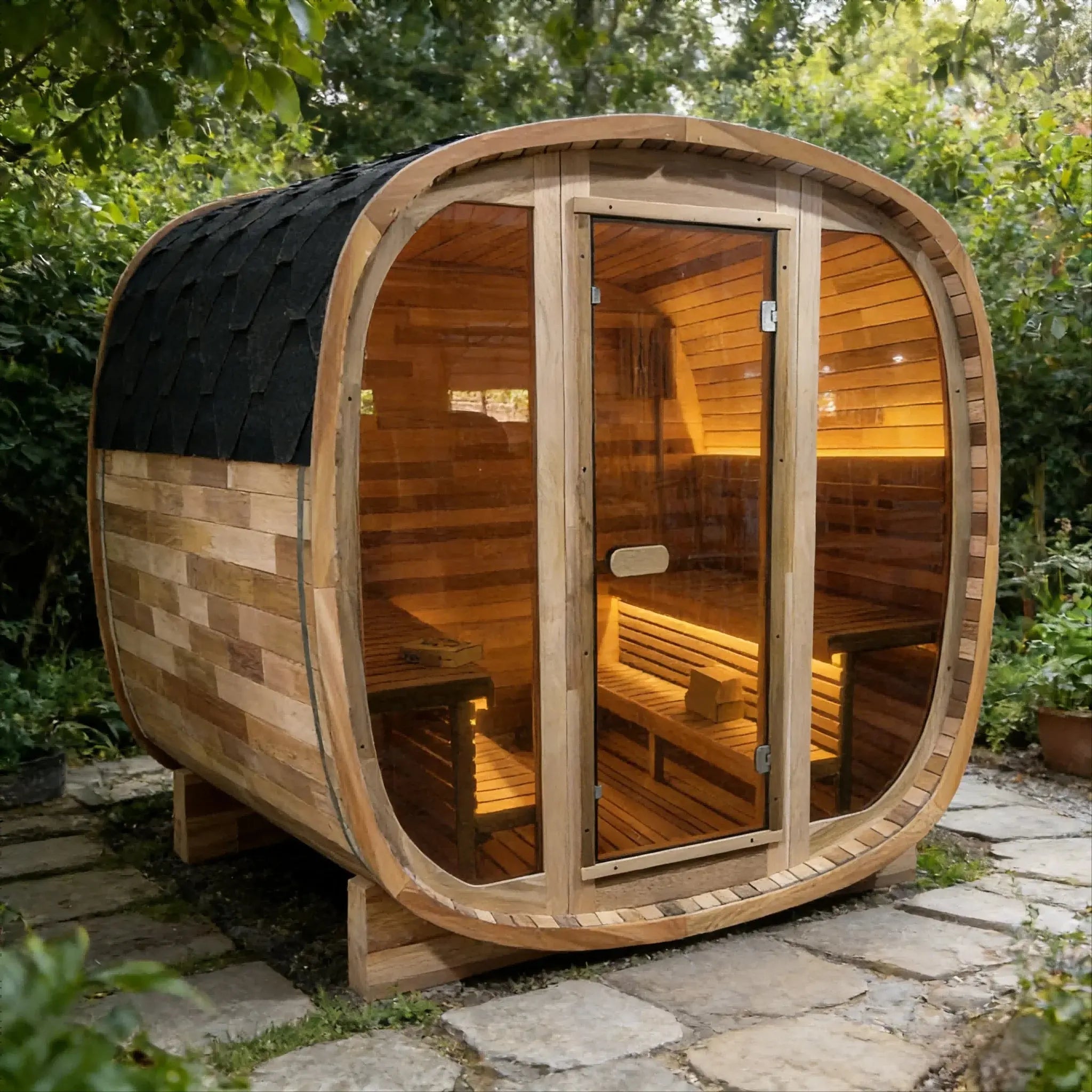 4-6 Person Tinted Glass Panel and Red Cedar Outdoor Square Traditional Steam Sauna, Weather-Resistant Solid Wood Sauna