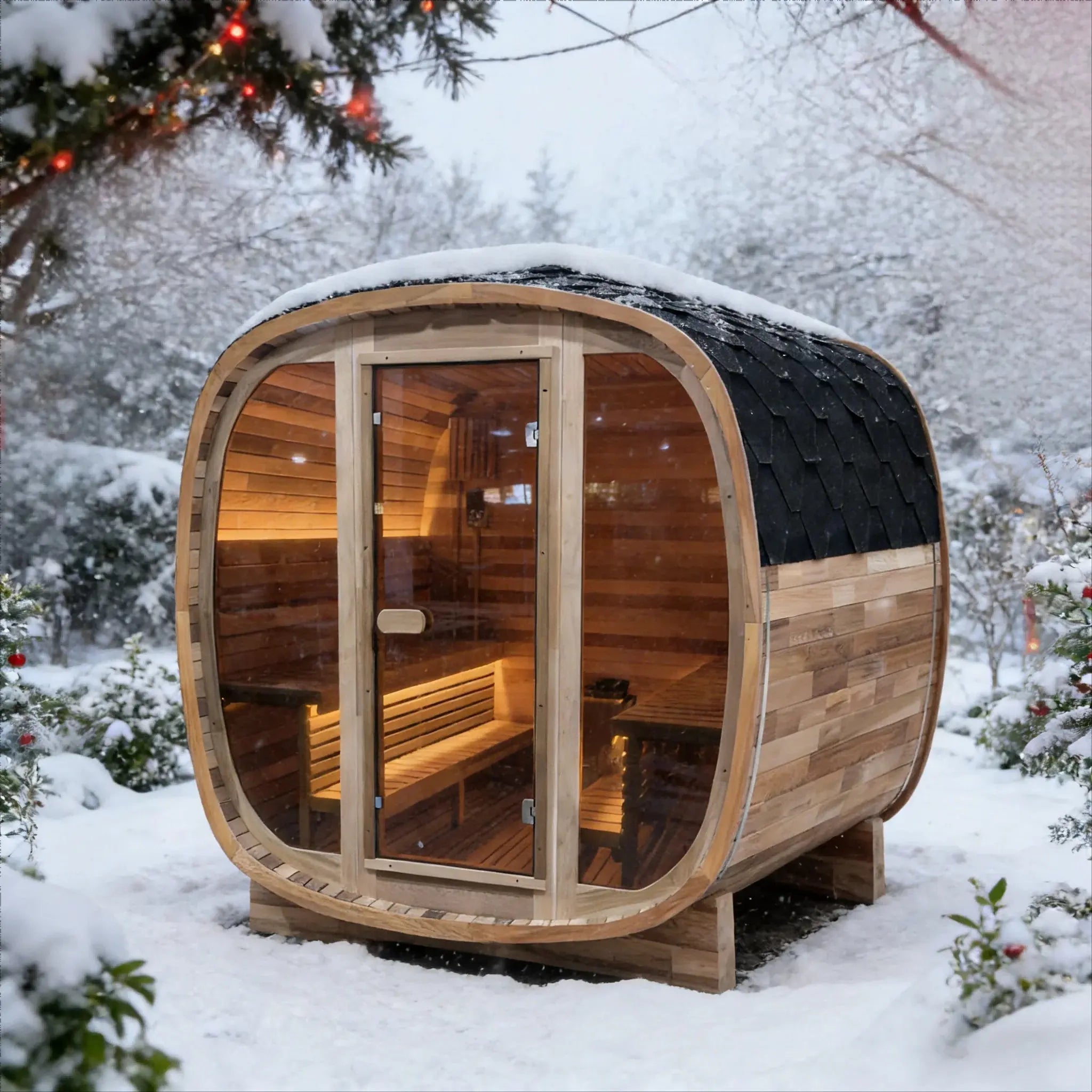 4-6 Person Tinted Glass Panel and Red Cedar Outdoor Square Traditional Steam Sauna, Weather-Resistant Solid Wood Sauna