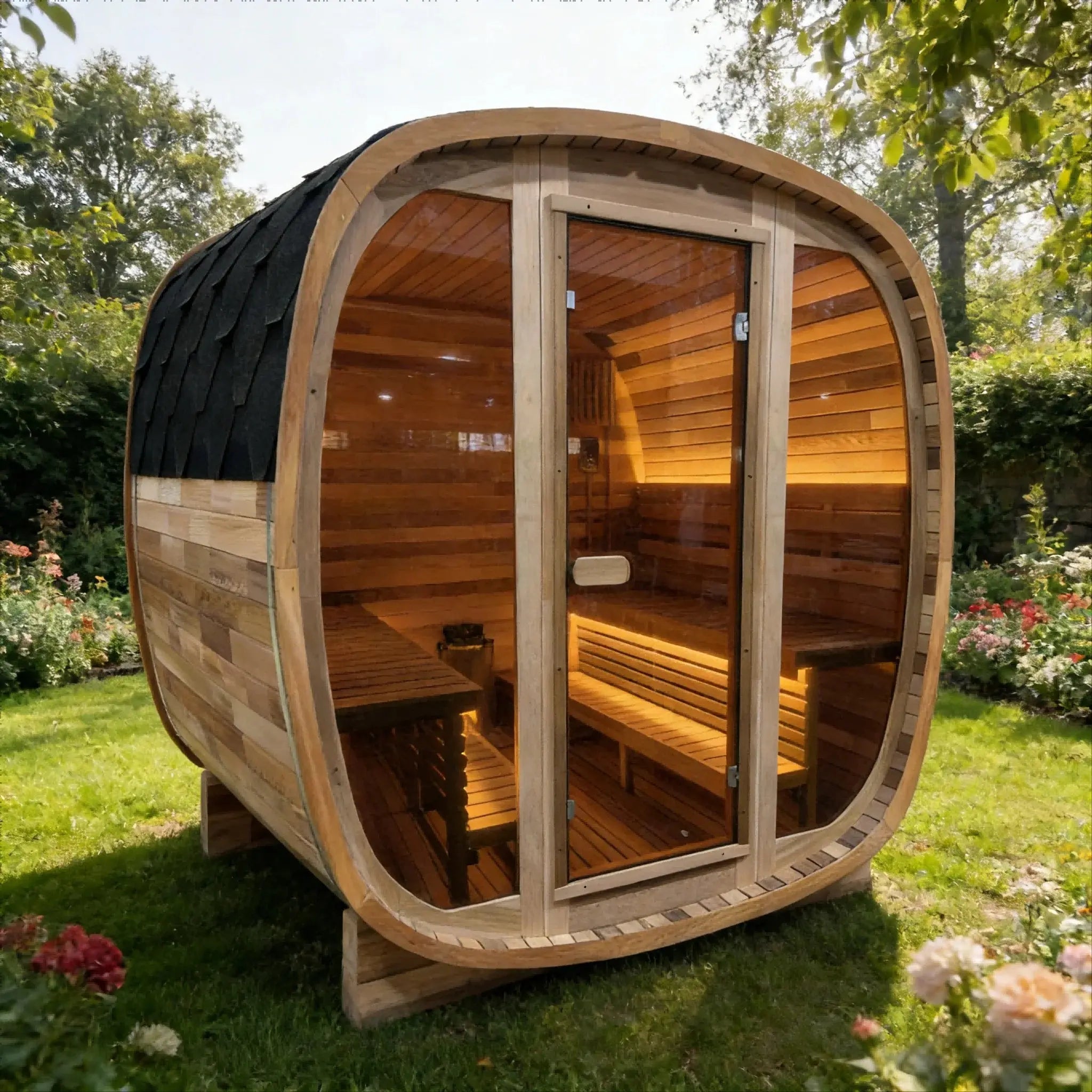 4-6 Person Tinted Glass Panel and Red Cedar Outdoor Square Traditional Steam Sauna, Weather-Resistant Solid Wood Sauna