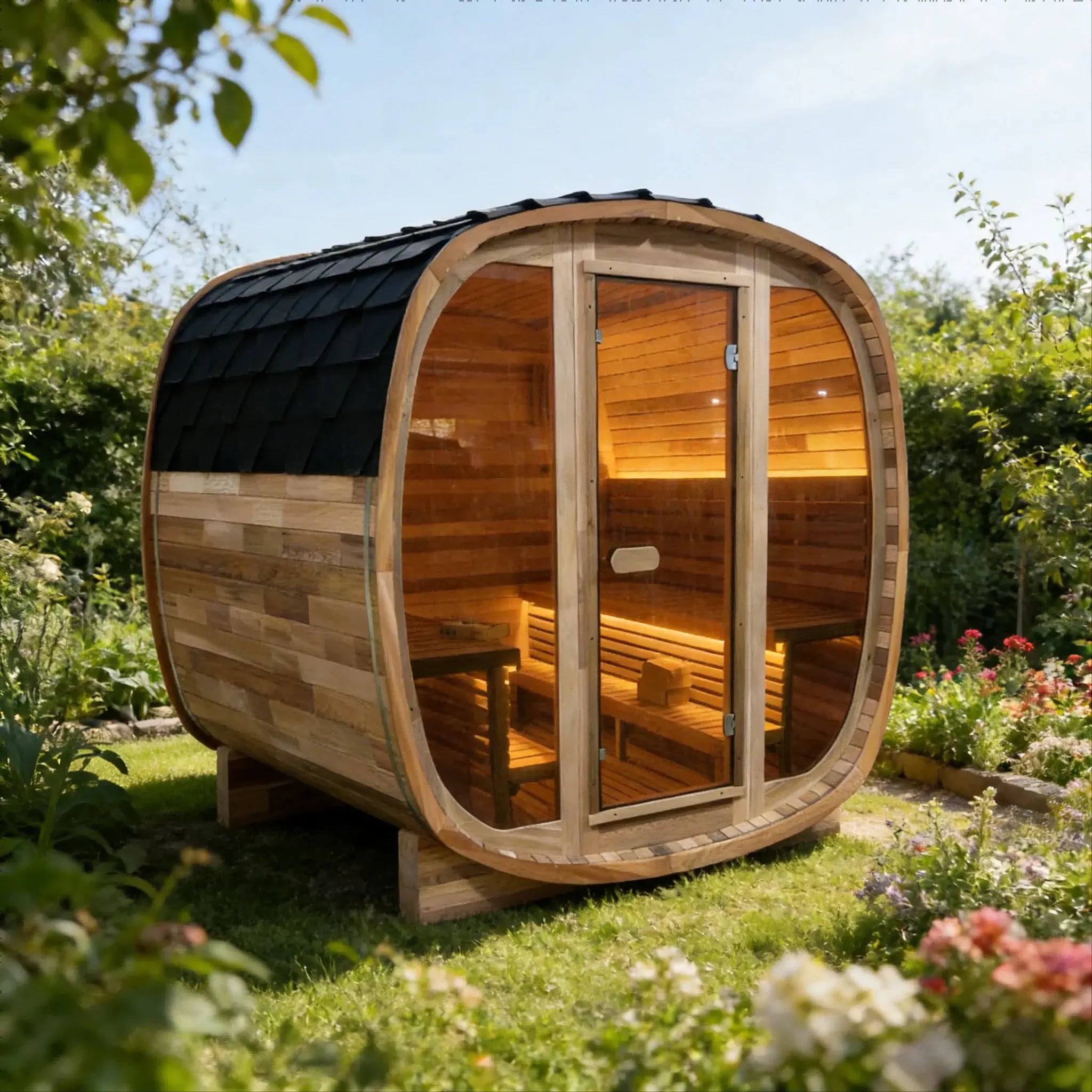 4-6 Person Tinted Glass Panel and Red Cedar Outdoor Square Traditional Steam Sauna, Weather-Resistant Solid Wood Sauna