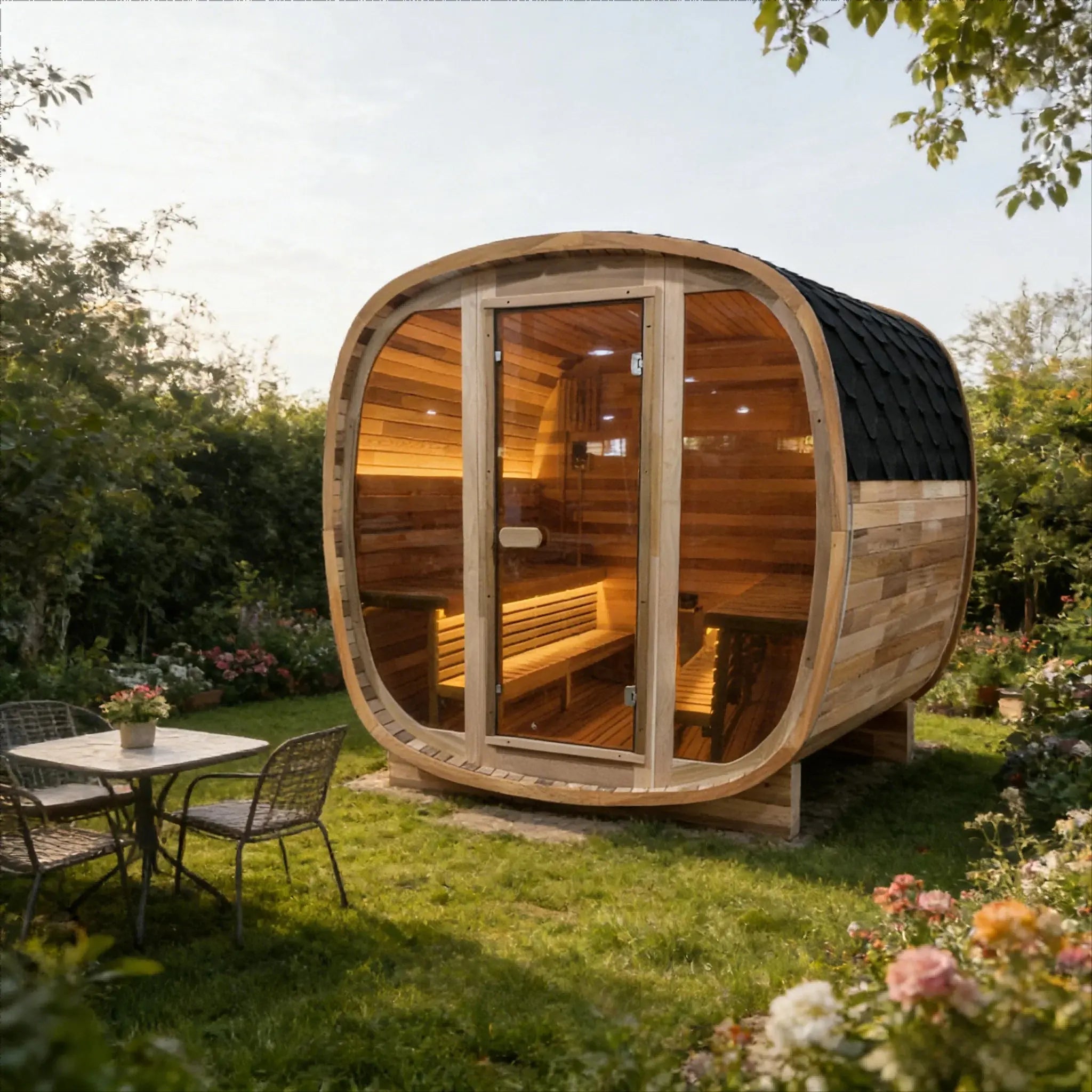 4-6 Person Tinted Glass Panel and Red Cedar Outdoor Square Traditional Steam Sauna, Weather-Resistant Solid Wood Sauna
