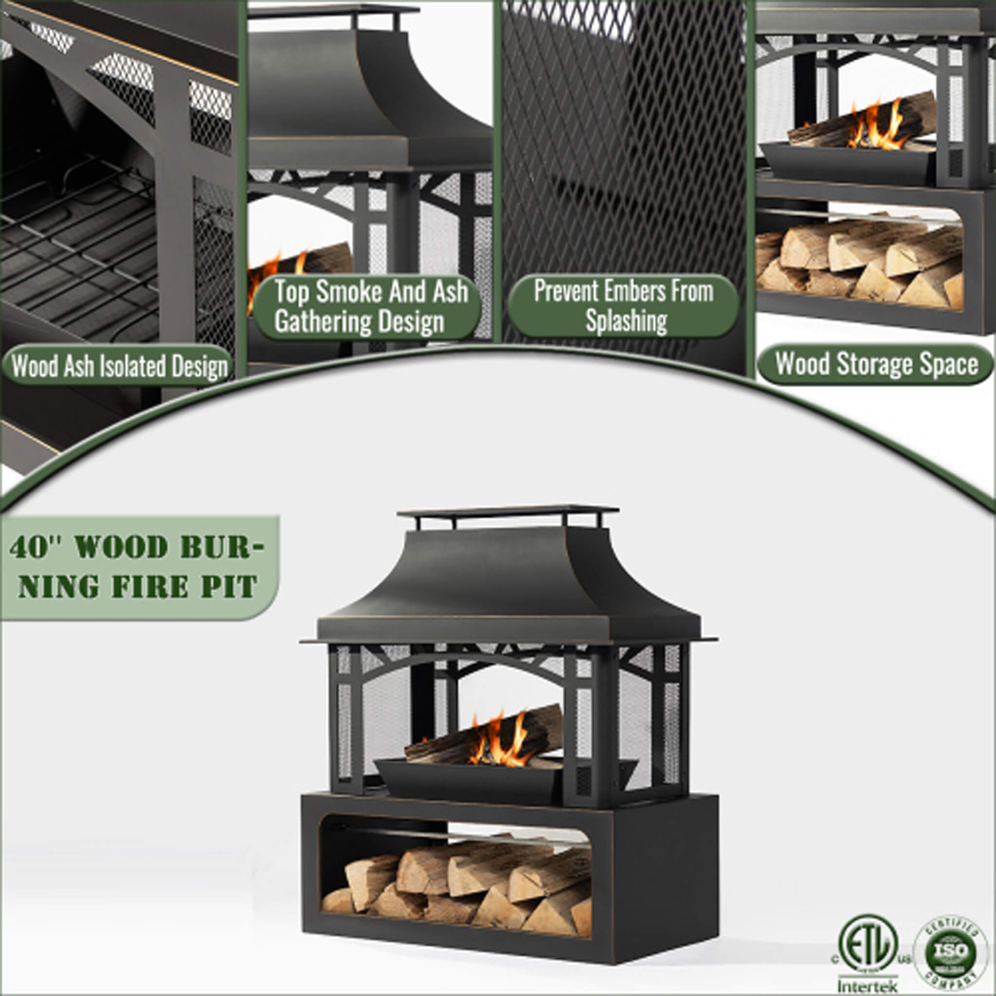 Alora 40-Inch Outdoor Steel Wood-Burning Backyard Fireplace Fire Pit (SAK45758)