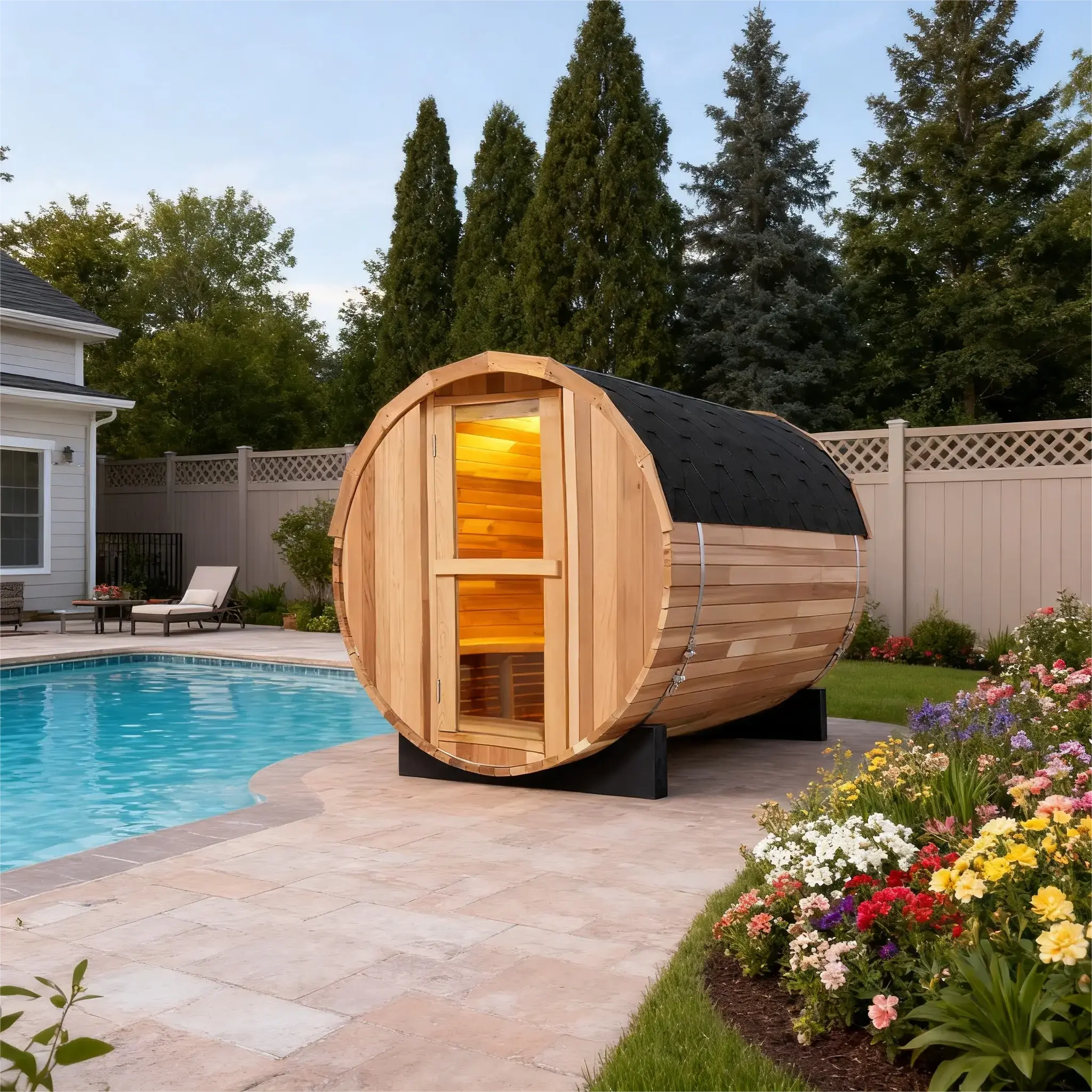 4 Person Outdoor Barrel Sauna – Red Cedar or Hemlock Traditional Steam Sauna Kit with Waterproof Tile