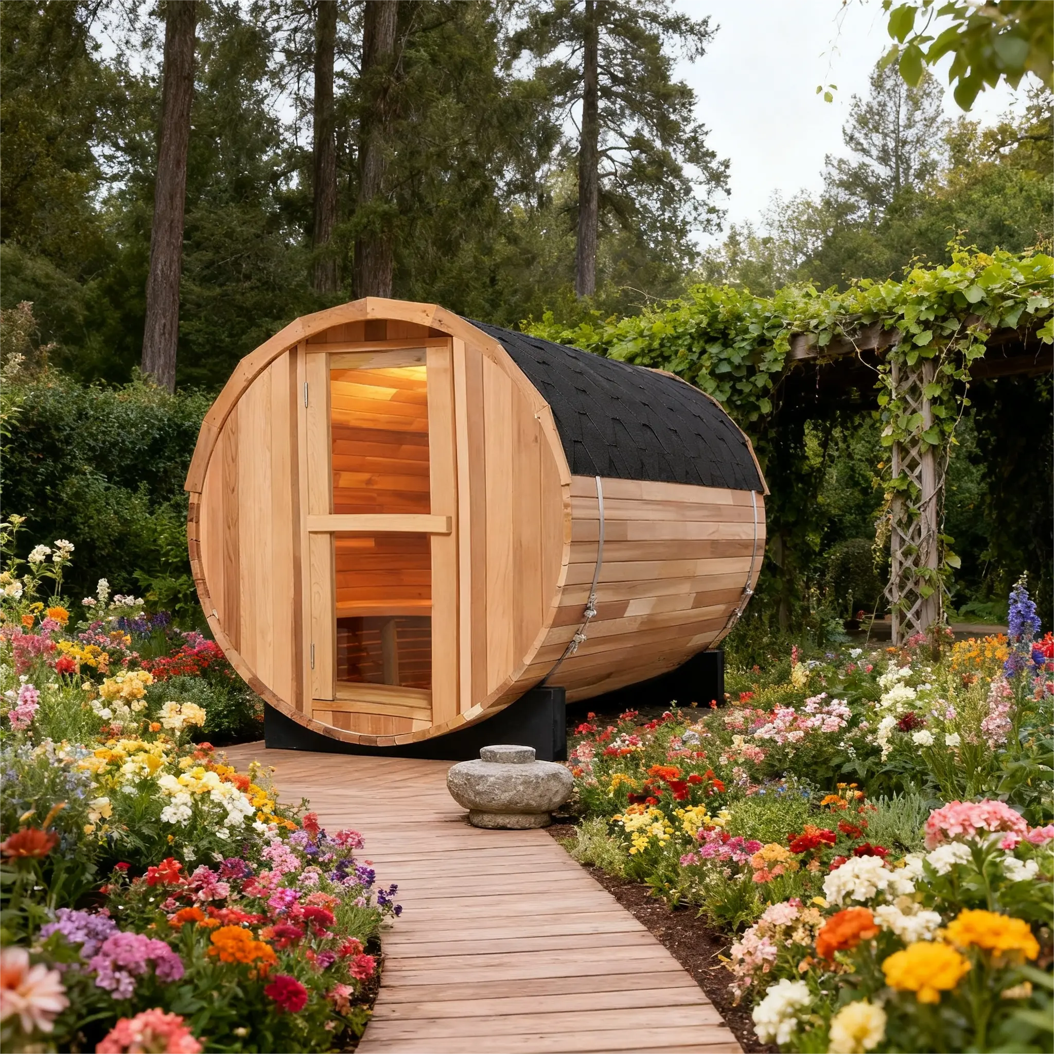 4 Person Outdoor Barrel Sauna – Red Cedar or Hemlock Traditional Steam Sauna Kit with Waterproof Tile