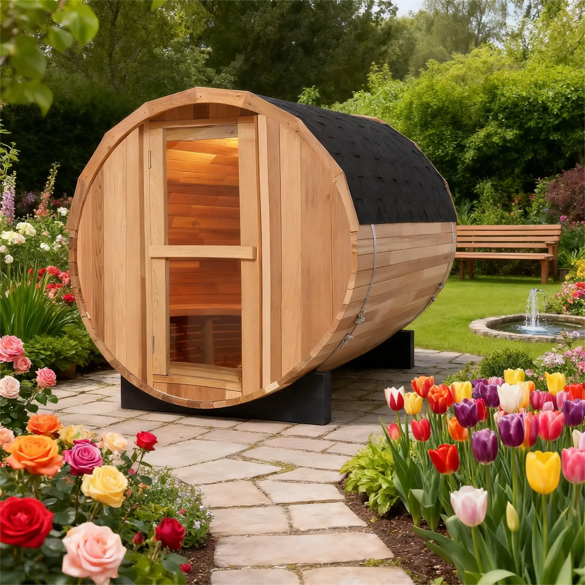 4 Person Outdoor Barrel Sauna – Red Cedar or Hemlock Traditional Steam Sauna Kit with Waterproof Tile