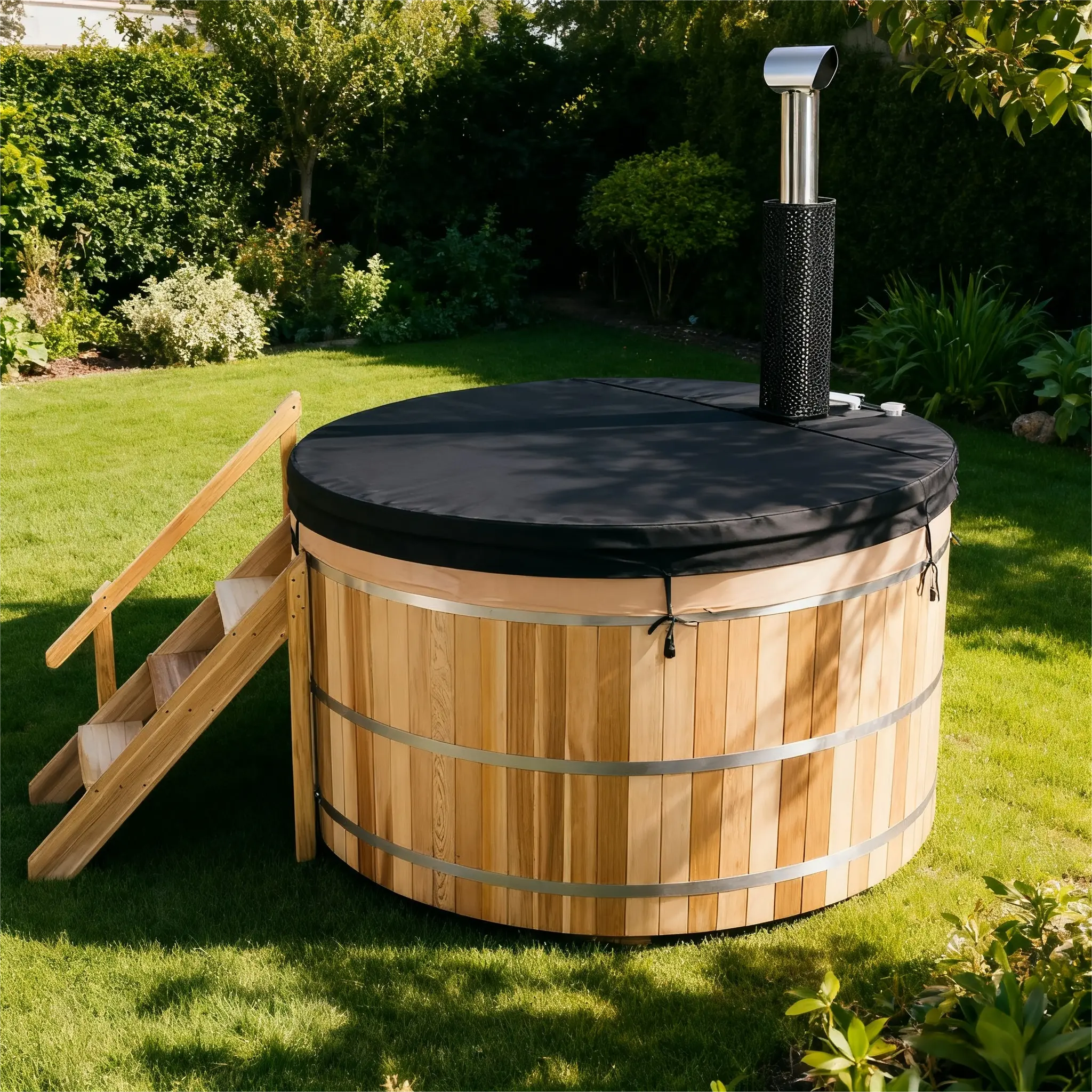 Built-In Oven Wood Fired Hot Tub – Red Cedar Outdoor Wooden Hot Tub for 1 Person