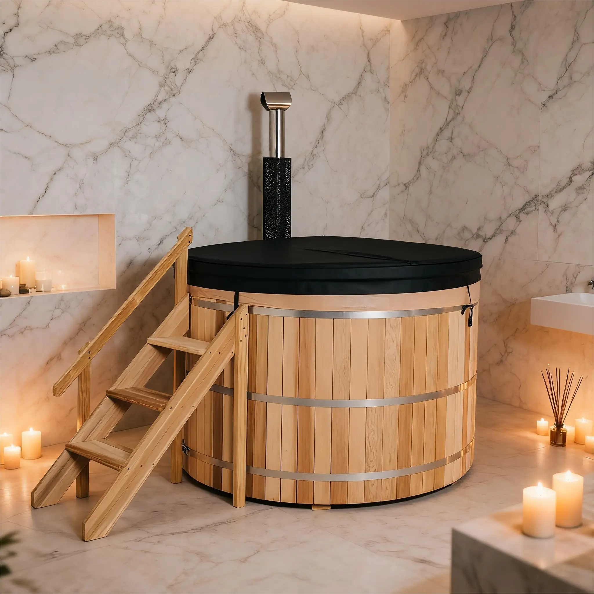 Built-In Oven Wood Fired Hot Tub – Red Cedar Outdoor Wooden Hot Tub for 1 Person