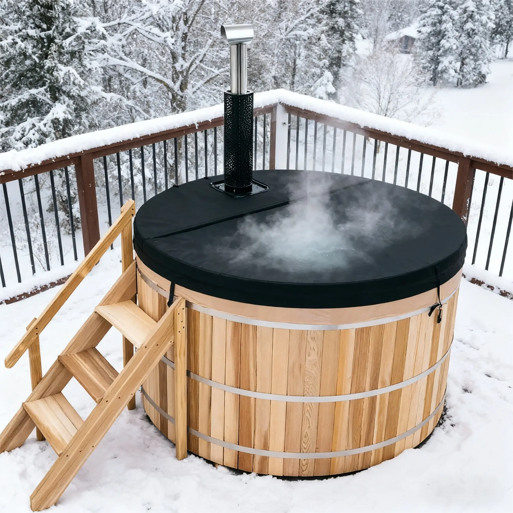 Built-In Oven Wood Fired Hot Tub – Red Cedar Outdoor Wooden Hot Tub for 1 Person