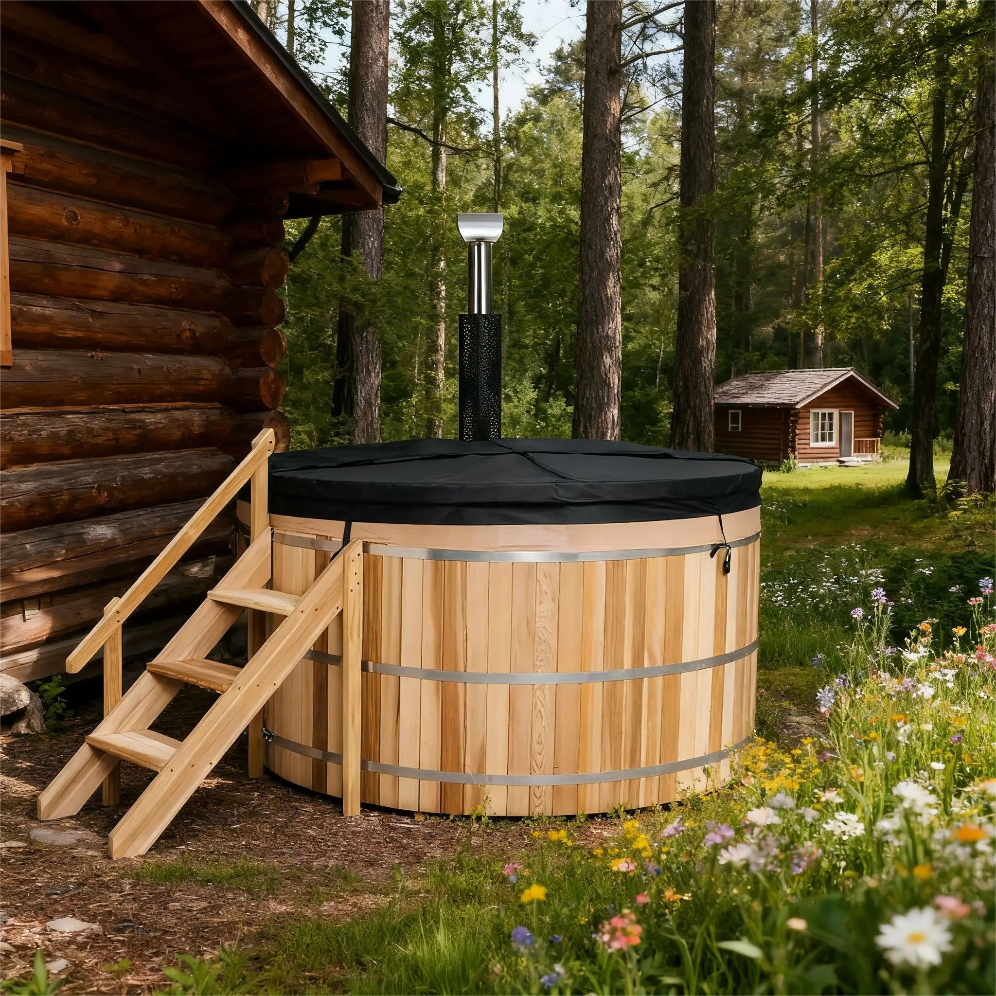 Built-In Oven Wood Fired Hot Tub – Red Cedar Outdoor Wooden Hot Tub for 1 Person