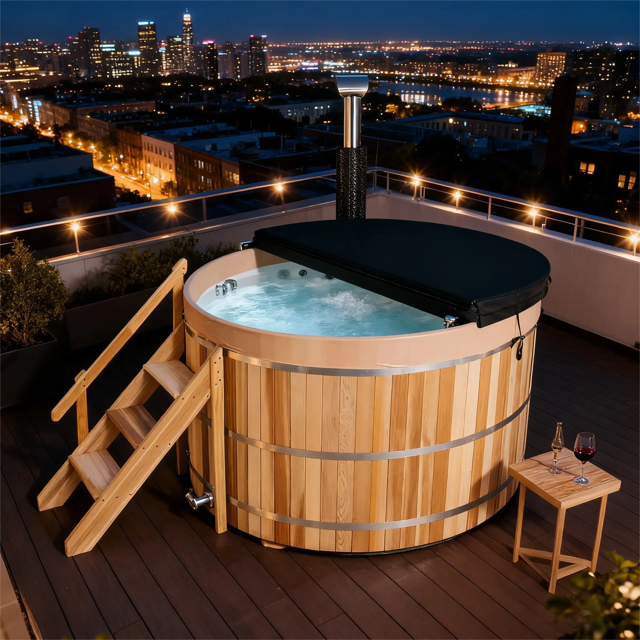 Built-In Oven Wood Fired Hot Tub – Red Cedar Outdoor Wooden Hot Tub for 1 Person