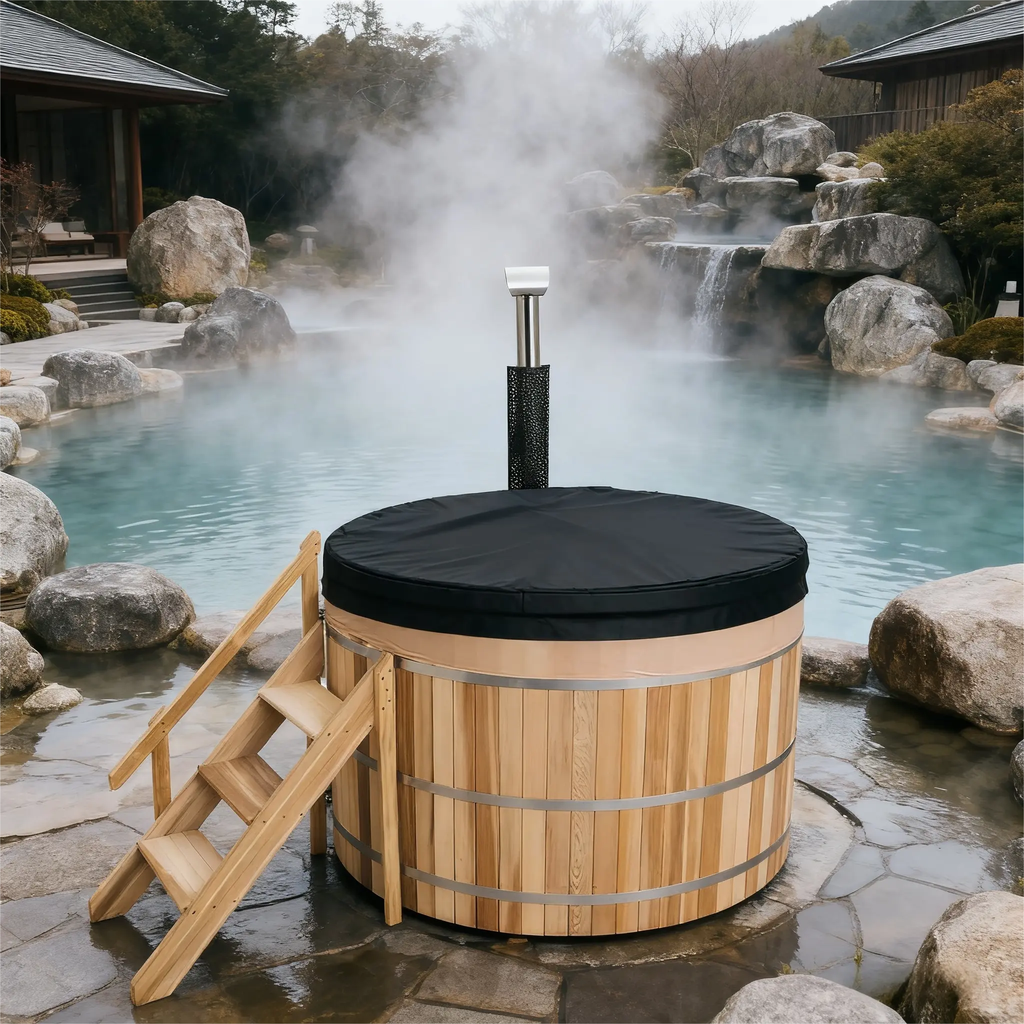 Built-In Oven Wood Fired Hot Tub – Red Cedar Outdoor Wooden Hot Tub for 1 Person