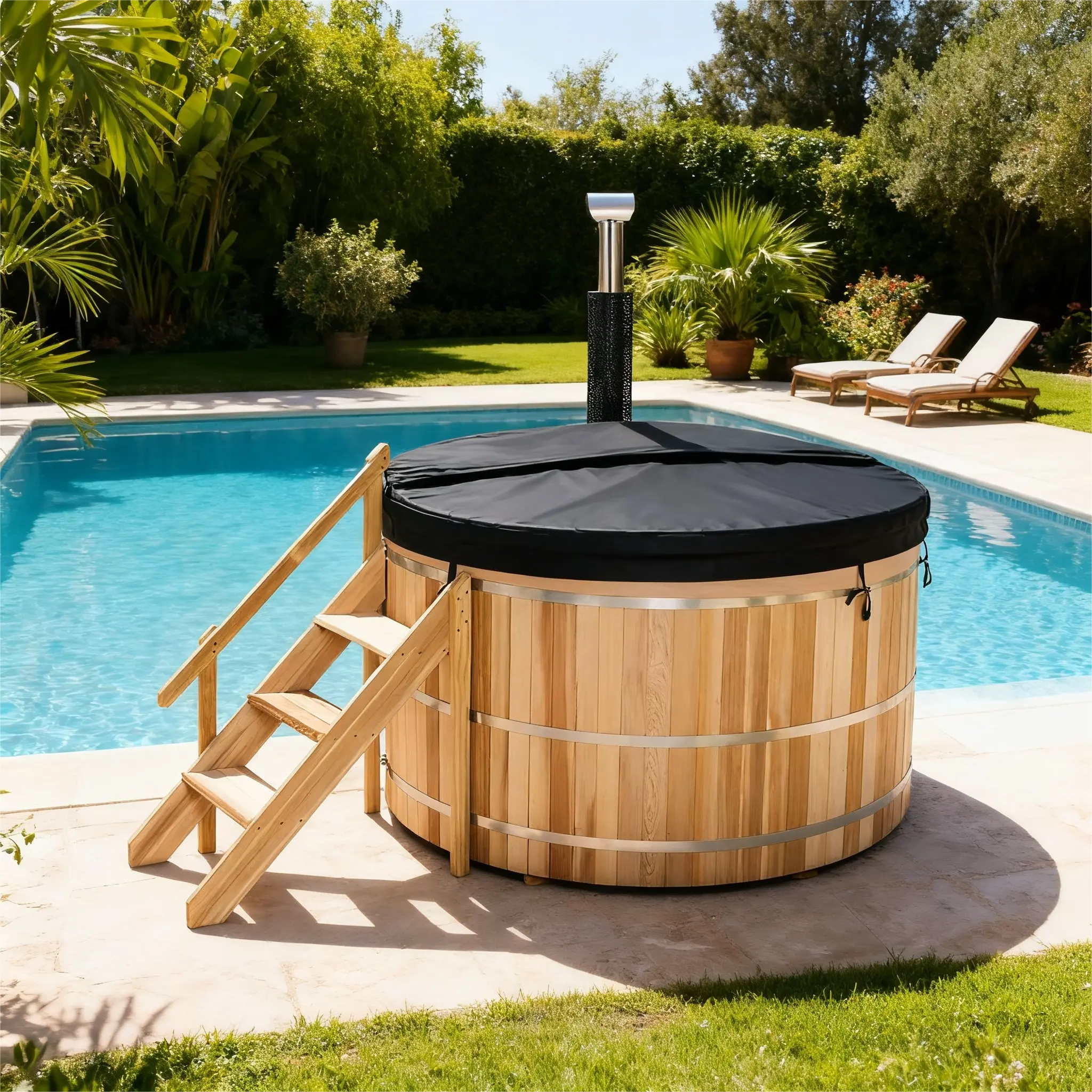 Built-In Oven Wood Fired Hot Tub – Red Cedar Outdoor Wooden Hot Tub for 1 Person
