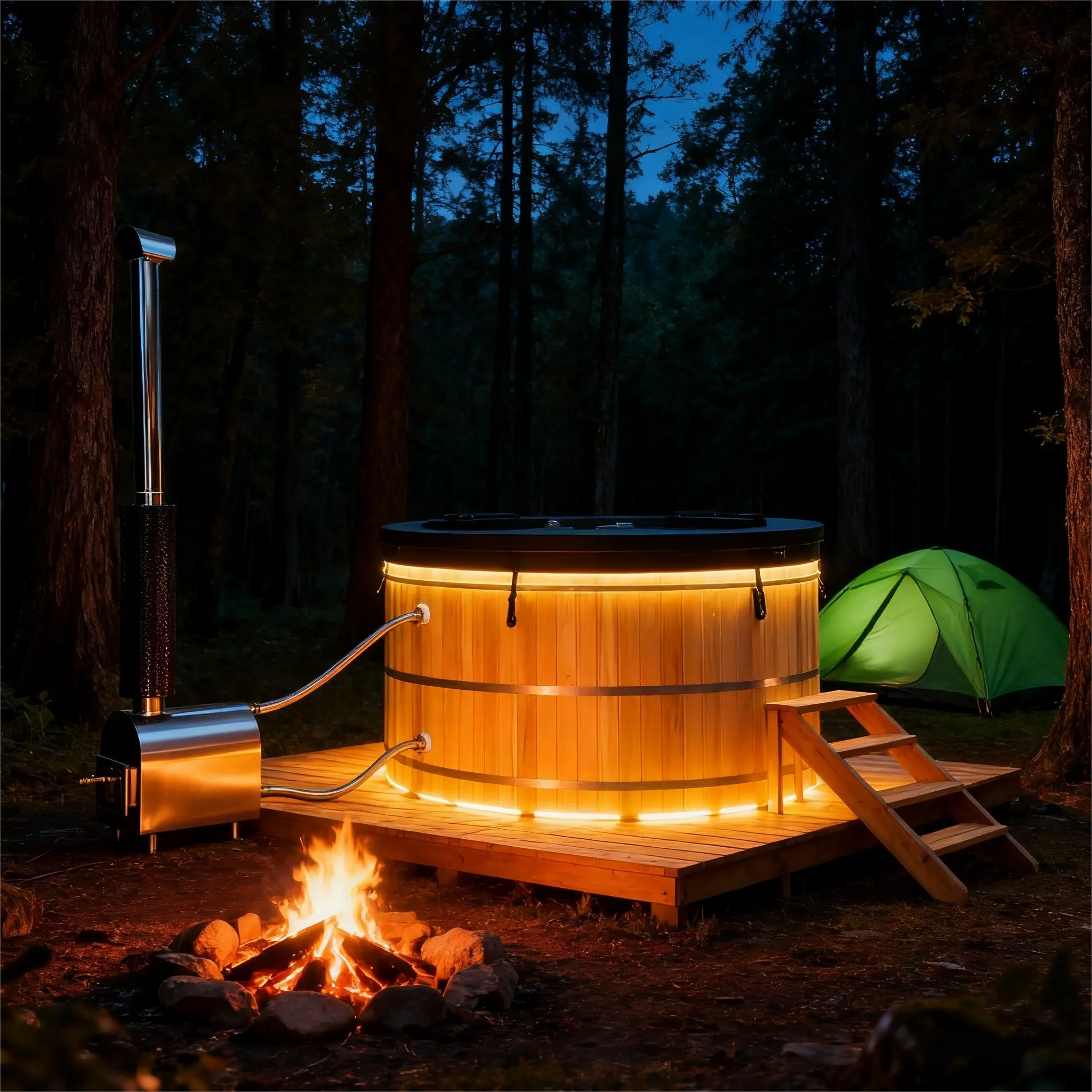 Anyi Red Cedar Outdoor Wood-Fired Hot Tub – Single Person External Oven Heating Spa Tub
