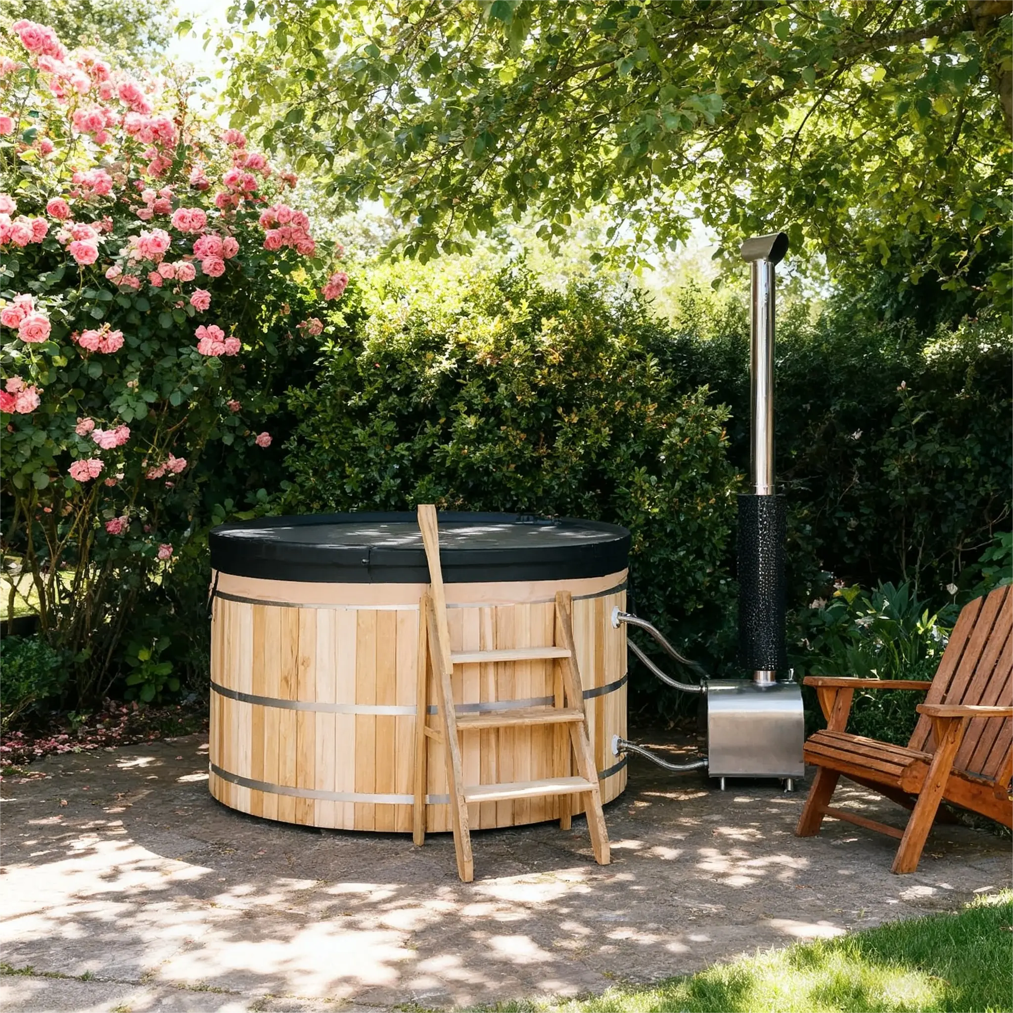 Anyi Red Cedar Outdoor Wood-Fired Hot Tub – Single Person External Oven Heating Spa Tub