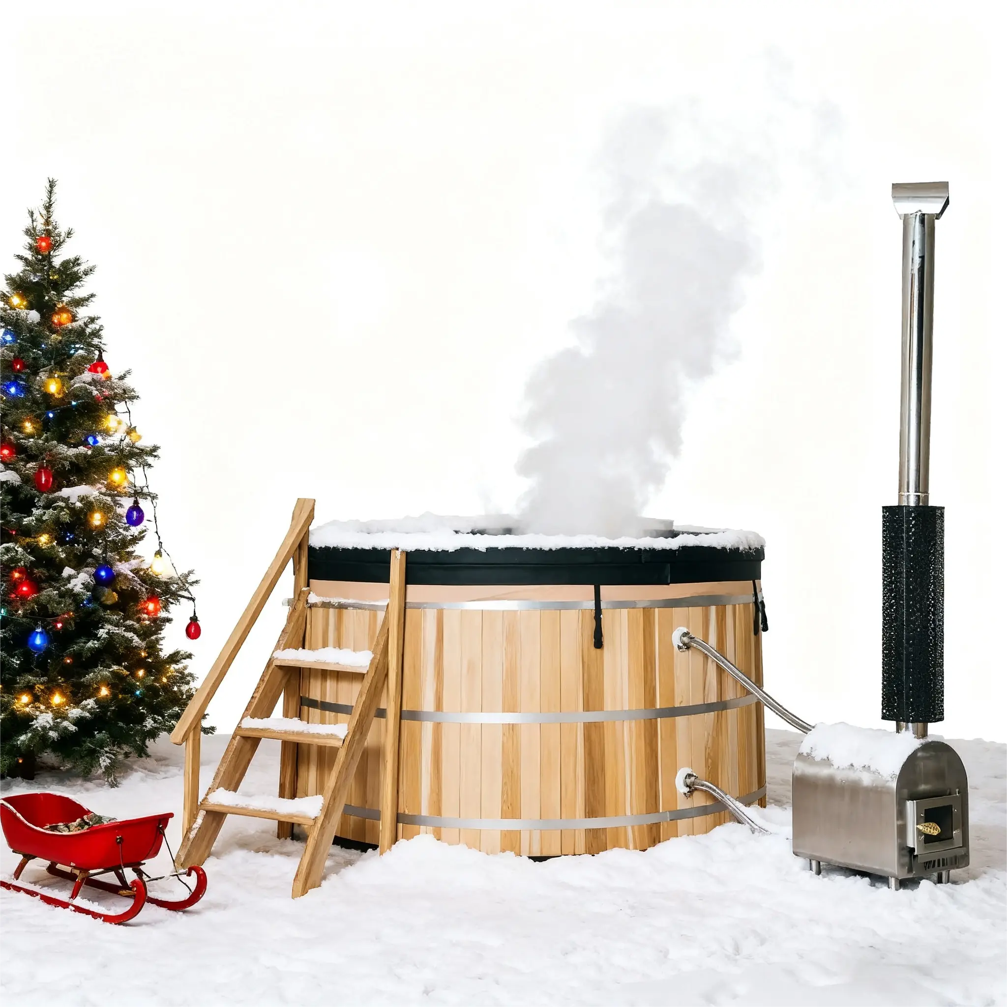 Anyi Red Cedar Outdoor Wood-Fired Hot Tub – Single Person External Oven Heating Spa Tub