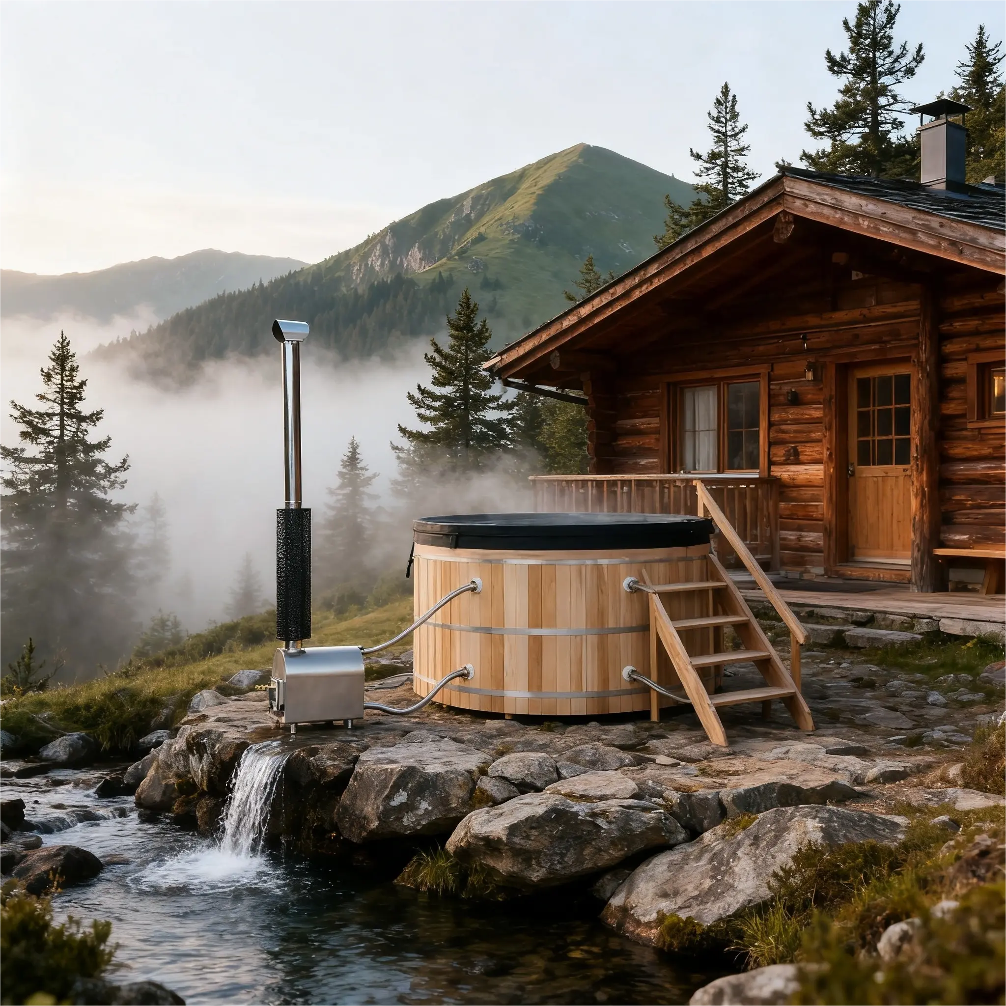 Anyi Red Cedar Outdoor Wood-Fired Hot Tub – Single Person External Oven Heating Spa Tub