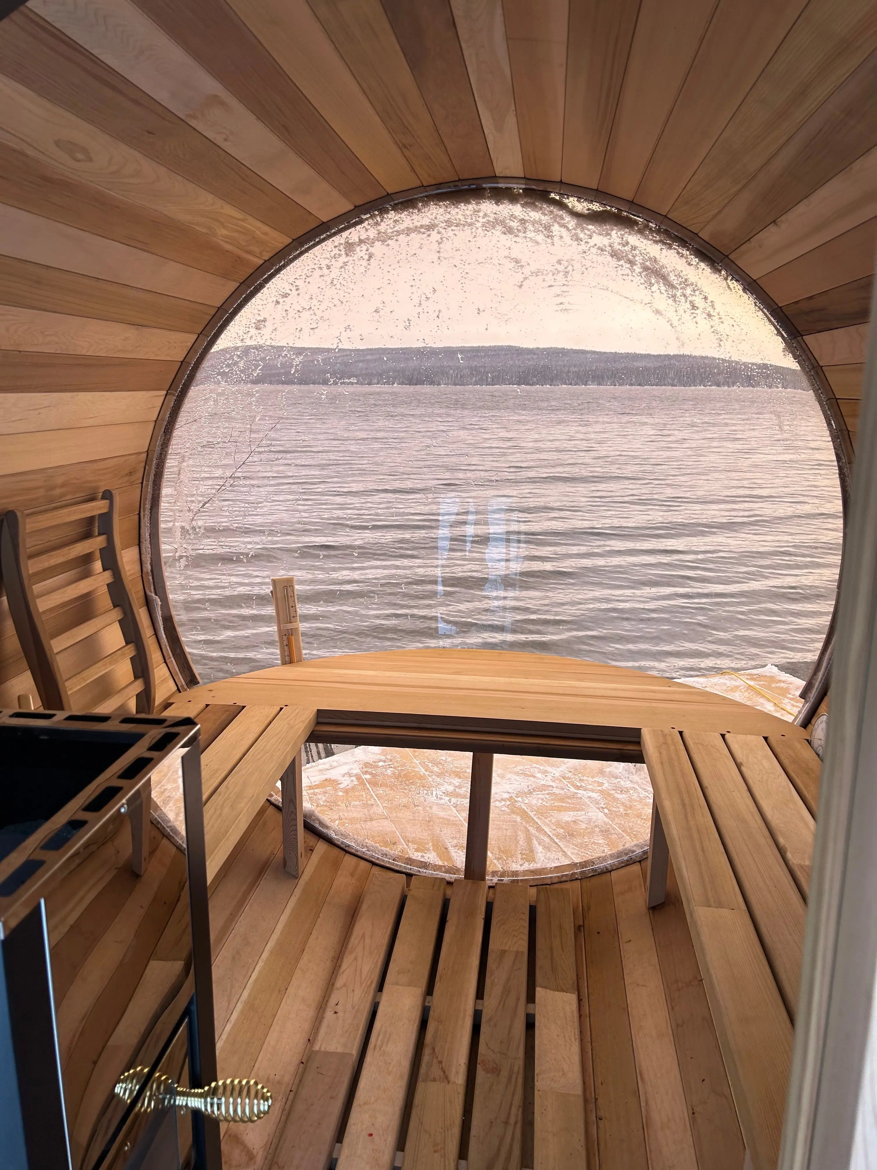 Outdoor Barrel Sauna with Front Porch &amp; Panoramic Glass – Available in 2-6 Person Sizes