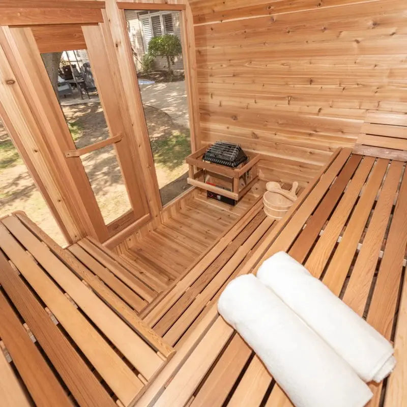 Outdoor Square Red Cedar Sauna – 4-6 Person Traditional Steam Sauna with Electric or Wood-Burning Heater