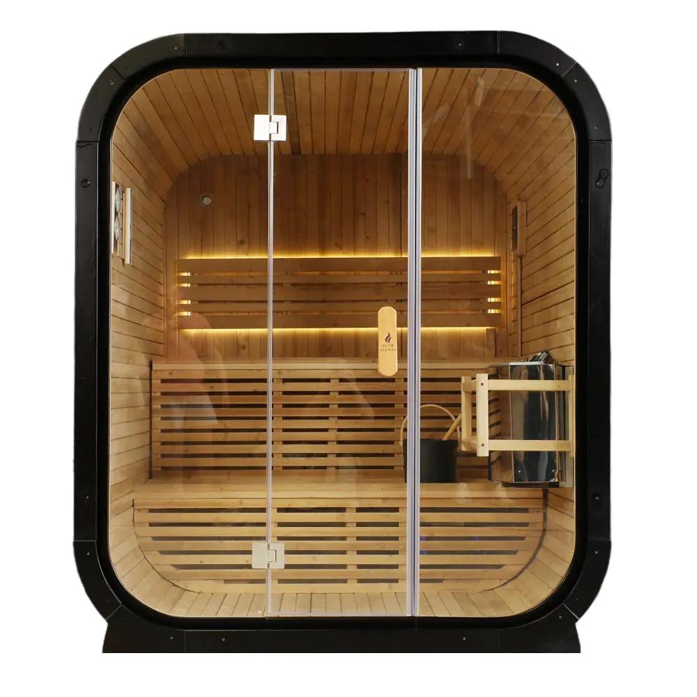 Outdoor Spruce Traditional Steam Sauna, Square Sauna Room with Tempered Glass Door, Home Spa Sauna Kit for Outdoor Wellness & Relaxation
