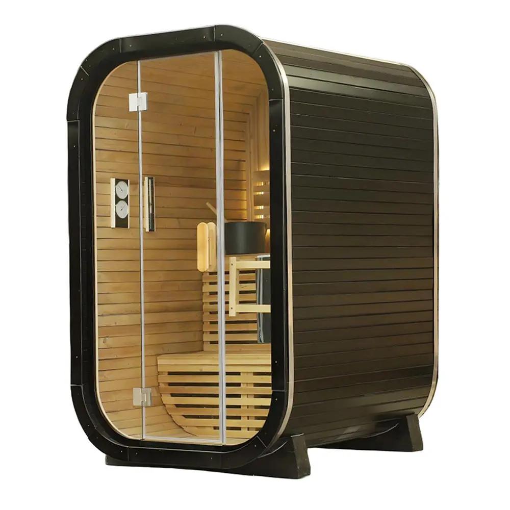 Carbonized Spruce Traditional Steam Outdoor Square Sauna for 1–2 Persons, Compact Home Spa Sauna Kit with Tempered Glass Door