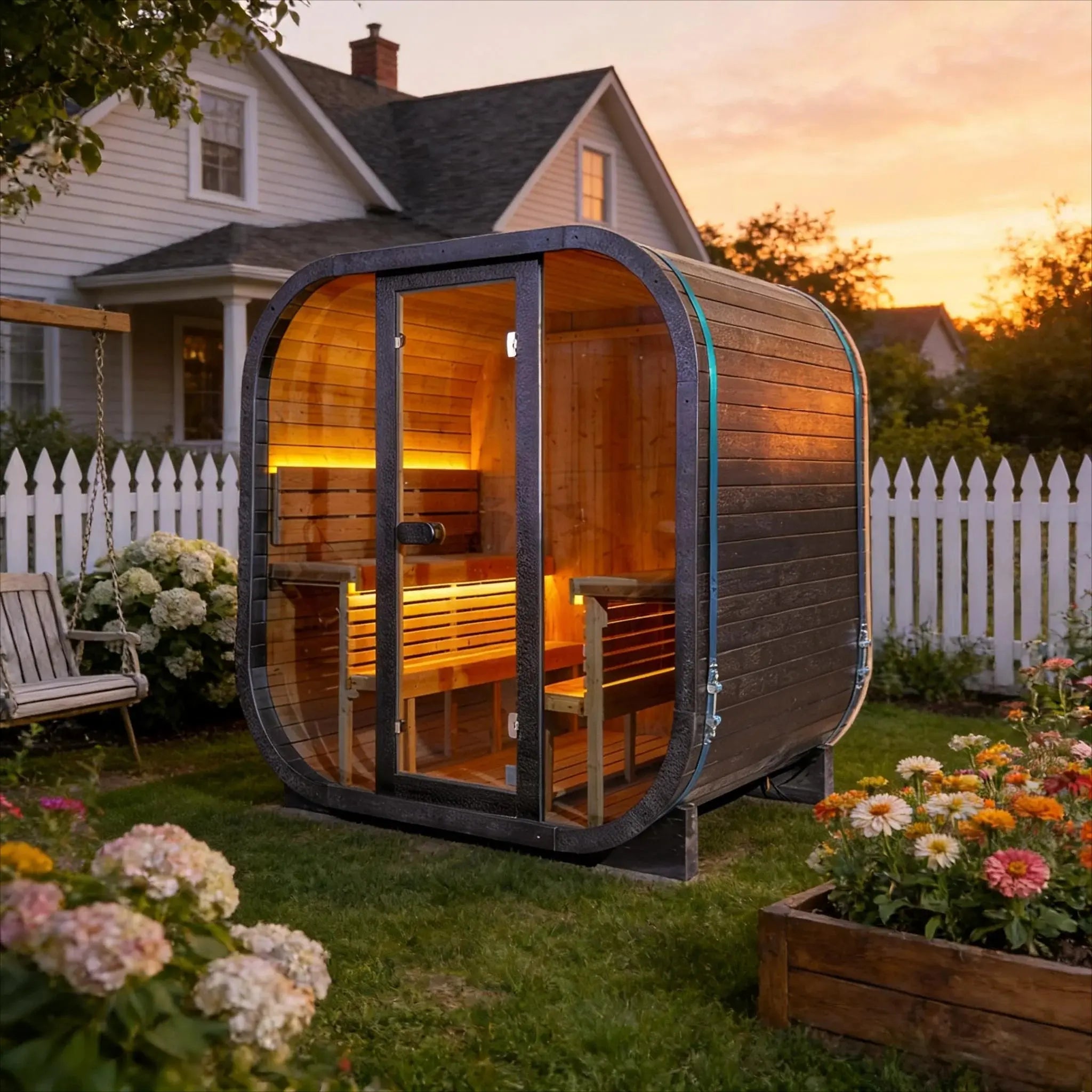 4-Person Black Outdoor Traditional Steam Sauna – Textured Carbonized Spruce with Tempered Glass