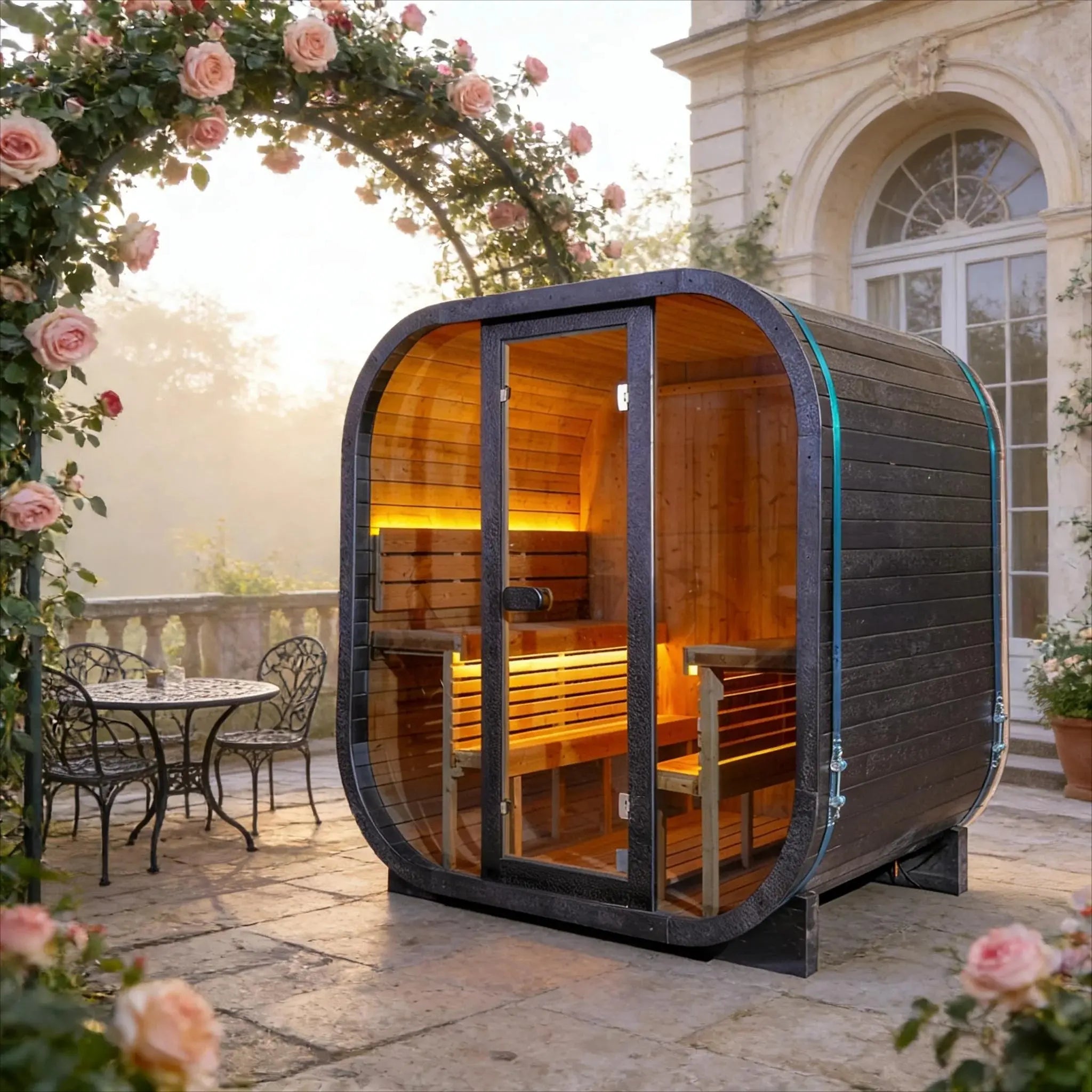 4-Person Black Outdoor Traditional Steam Sauna – Textured Carbonized Spruce with Tempered Glass