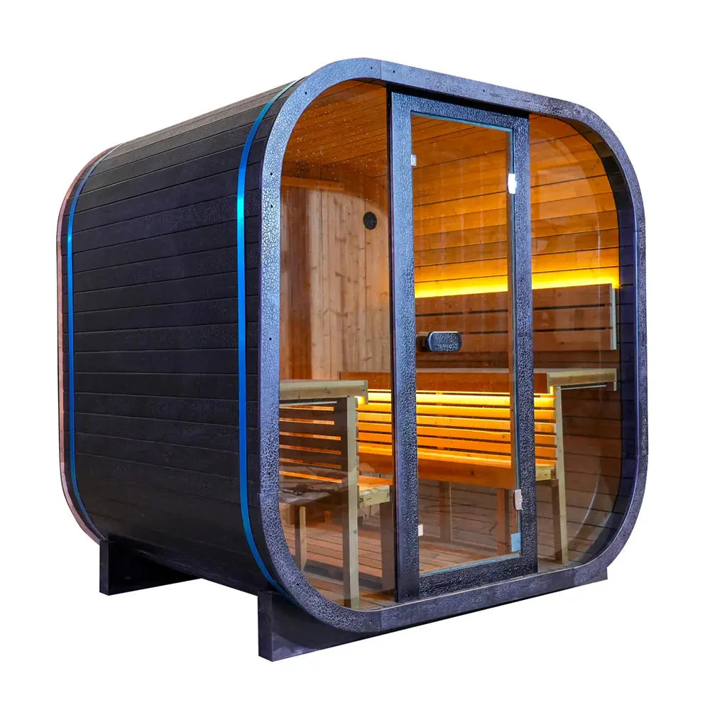 4-Person Black Outdoor Traditional Steam Sauna – Textured Carbonized Spruce with Tempered Glass