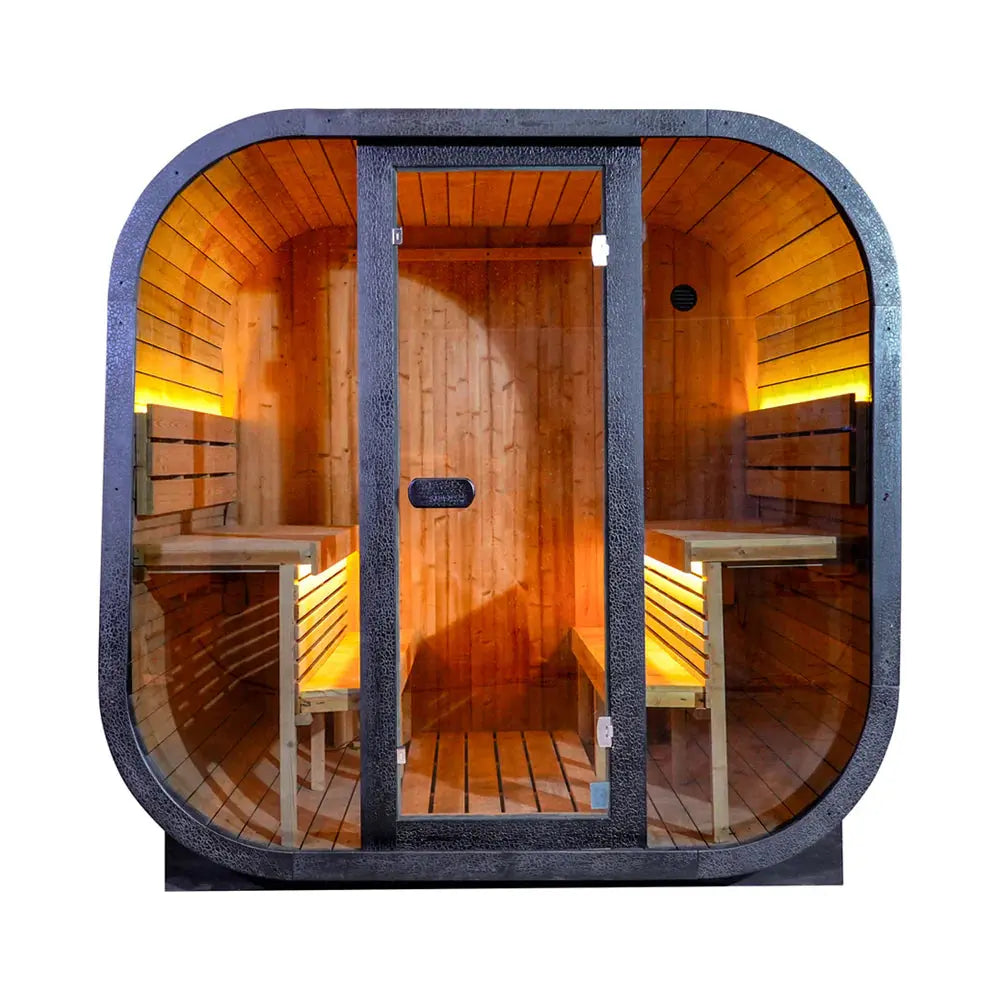 4-Person Black Outdoor Traditional Steam Sauna – Textured Carbonized Spruce with Tempered Glass