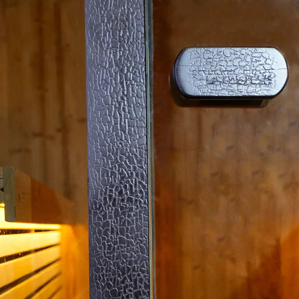 4-Person Black Outdoor Traditional Steam Sauna – Textured Carbonized Spruce with Tempered Glass