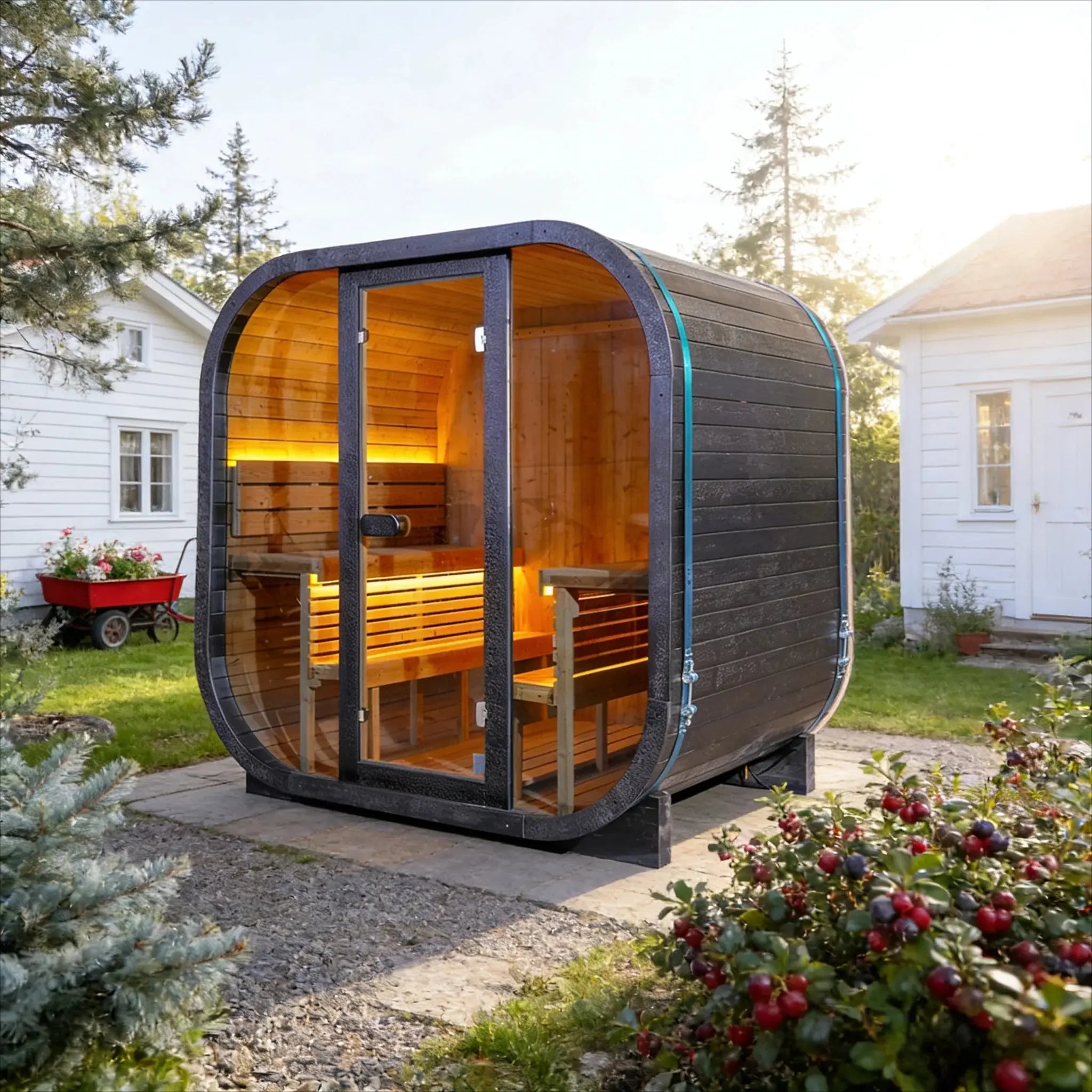 4-Person Black Outdoor Traditional Steam Sauna – Textured Carbonized Spruce with Tempered Glass