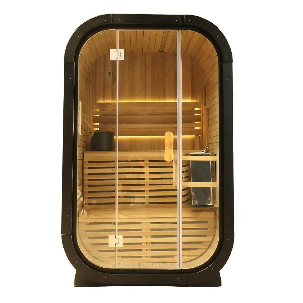 Carbonized Spruce Traditional Steam Outdoor Square Sauna for 1–2 Persons, Compact Home Spa Sauna Kit with Tempered Glass Door