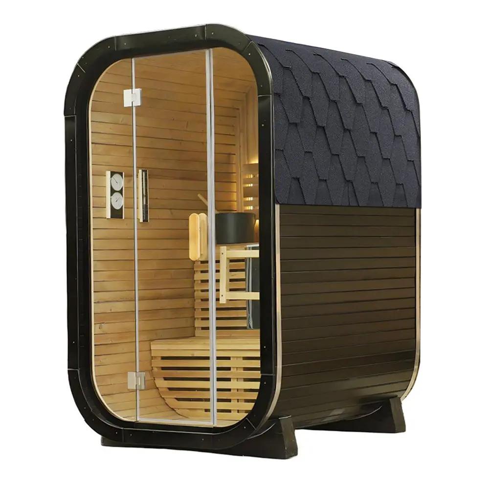 Carbonized Spruce Traditional Steam Outdoor Square Sauna for 1–2 Persons, Compact Home Spa Sauna Kit with Tempered Glass Door