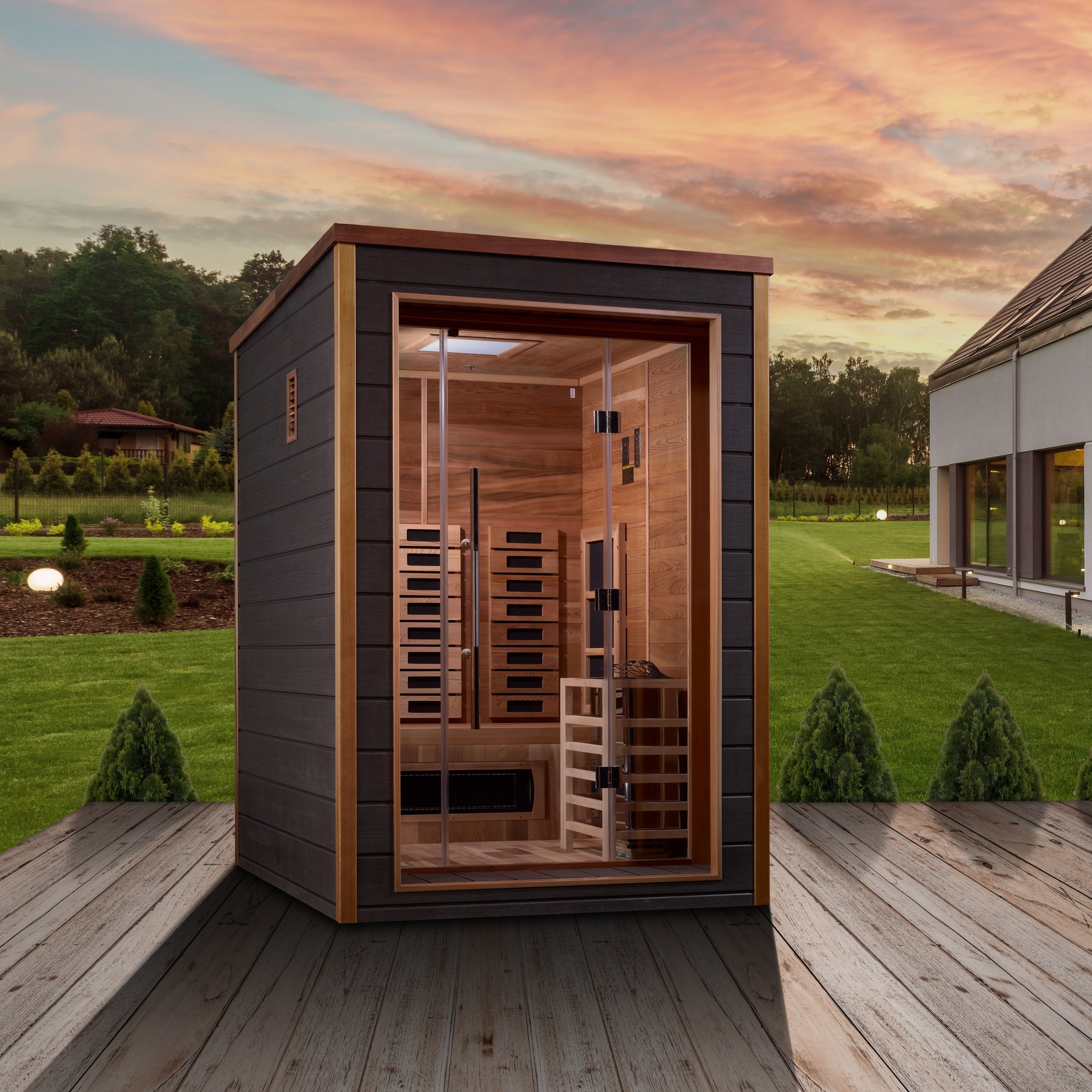 Golden Designs "Nora" 2-Person Hybrid (PureTech™ Full Spectrum IR or Traditional Stove) Outdoor Sauna