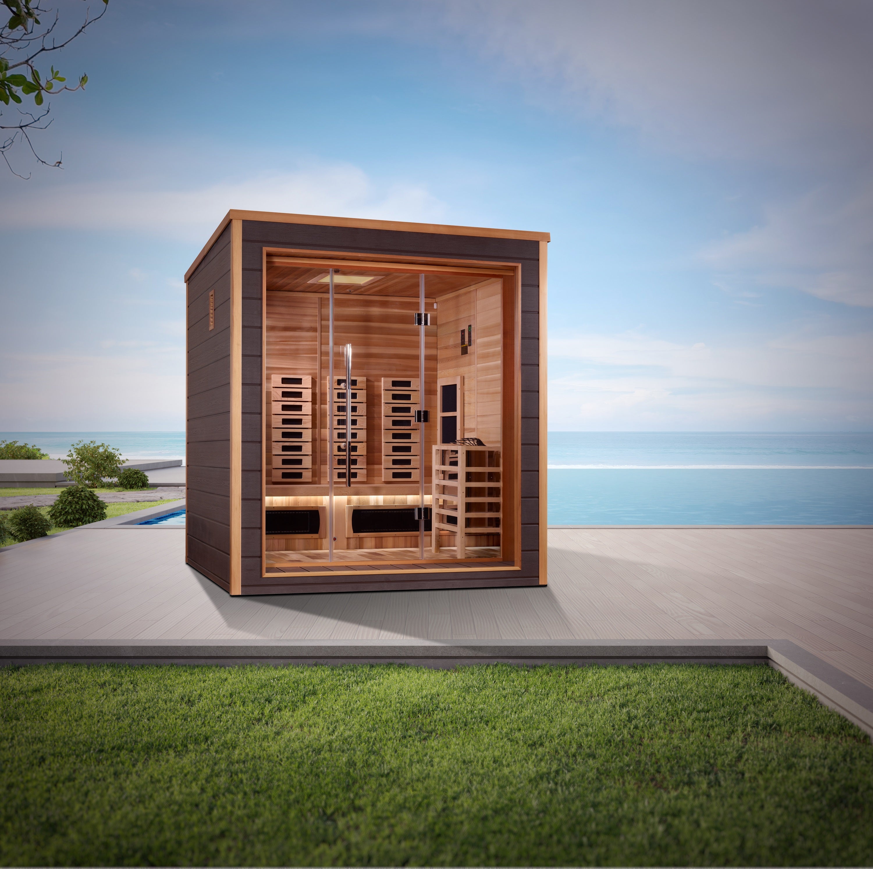 Golden Designs "Visby" 3-Person Hybrid (PureTech™ Full Spectrum IR or Traditional Stove) Outdoor Sauna