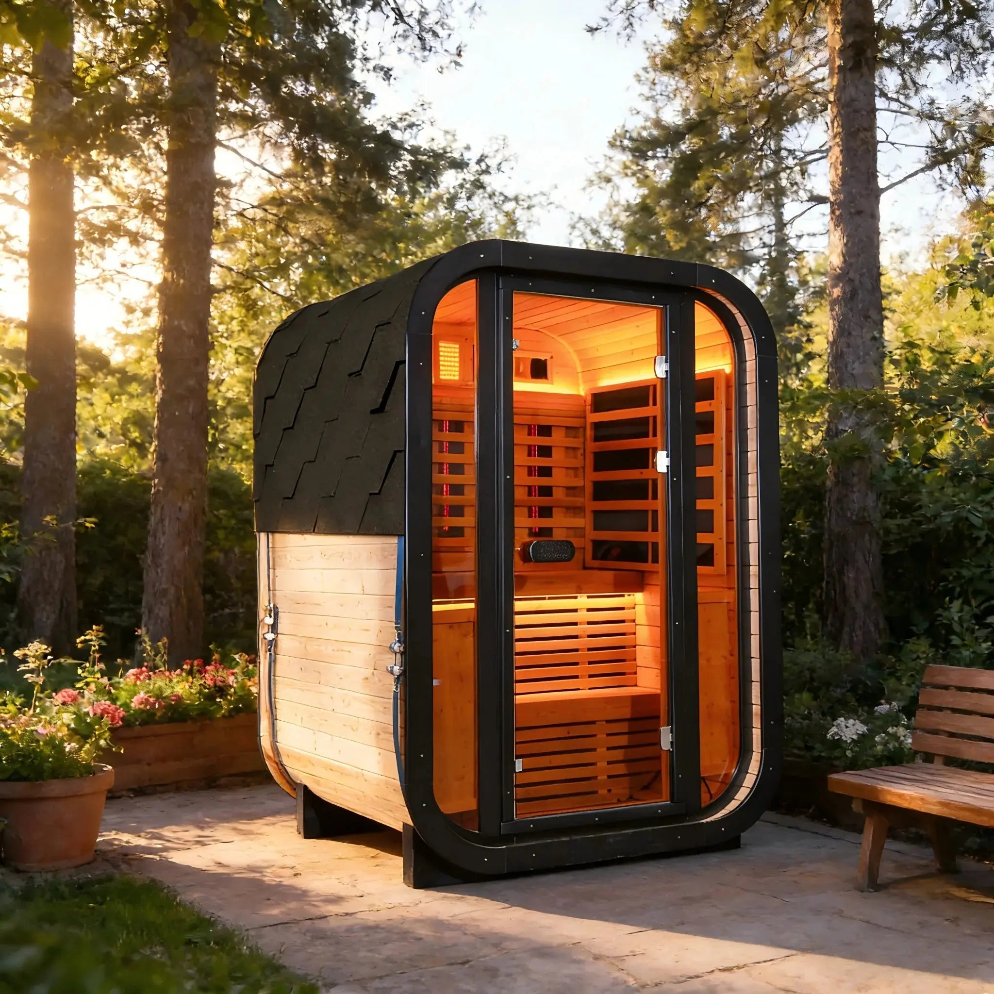 Outdoor Far Infrared Sauna – Carbonized Spruce Wood, Dark Tea-Tinted Glass