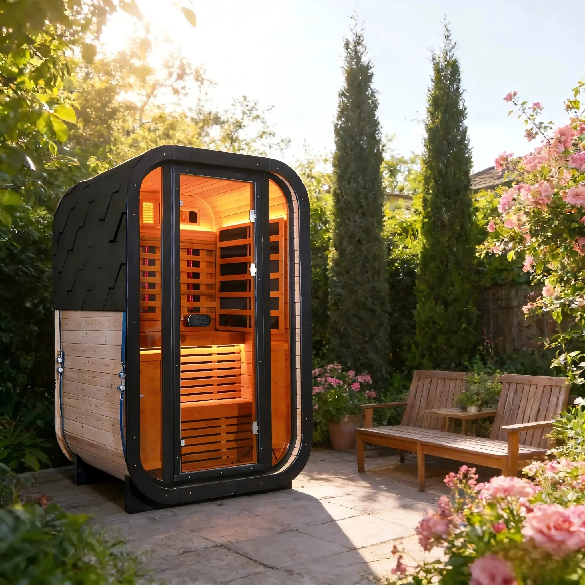 Outdoor Far Infrared Sauna – Carbonized Spruce Wood, Dark Tea-Tinted Glass