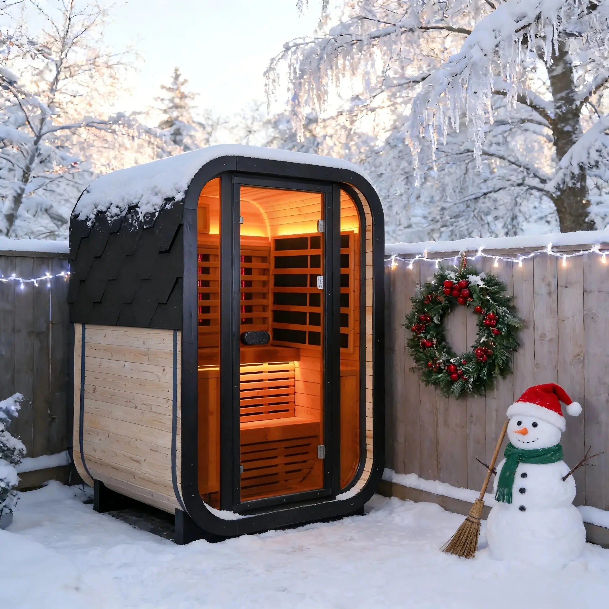 Outdoor Far Infrared Sauna – Carbonized Spruce Wood, Dark Tea-Tinted Glass