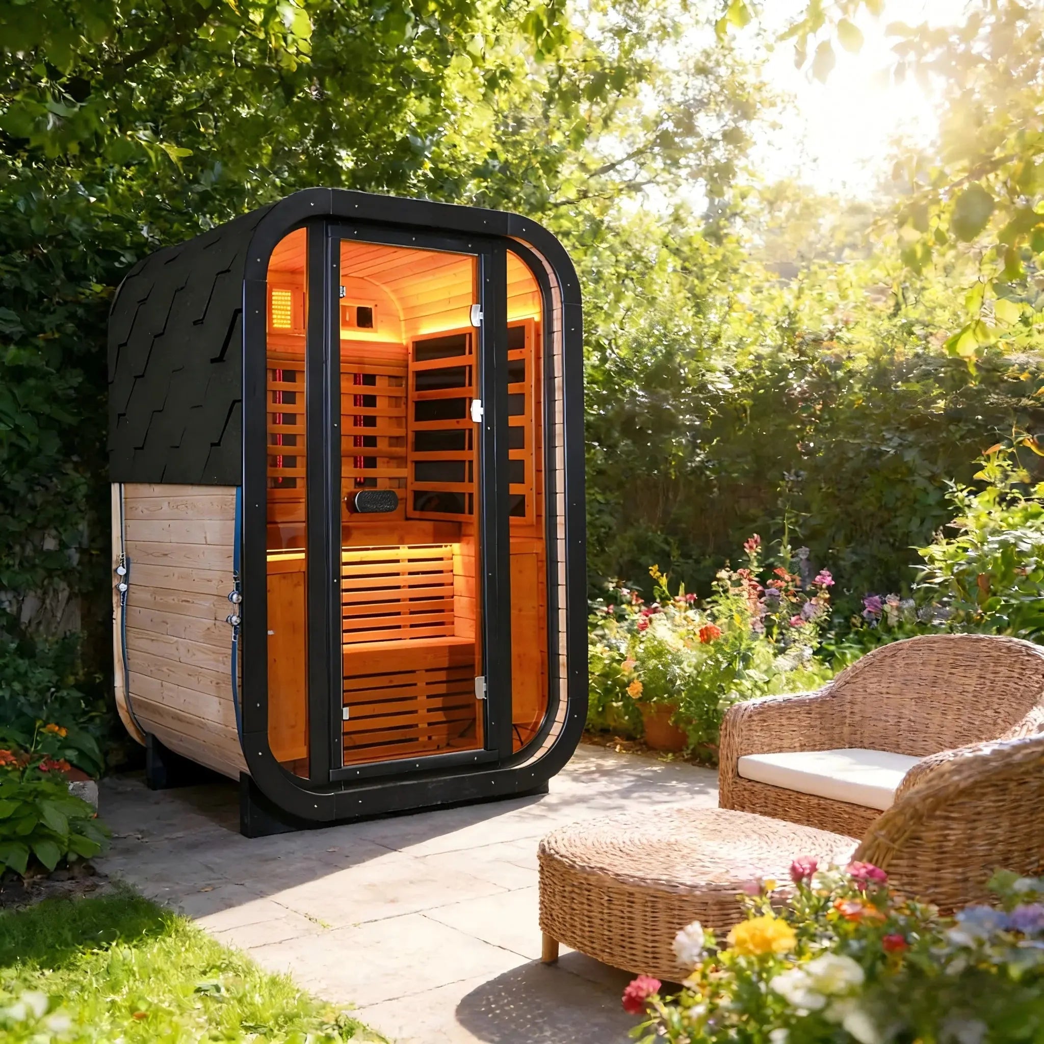 Outdoor Far Infrared Sauna – Carbonized Spruce Wood, Dark Tea-Tinted Glass