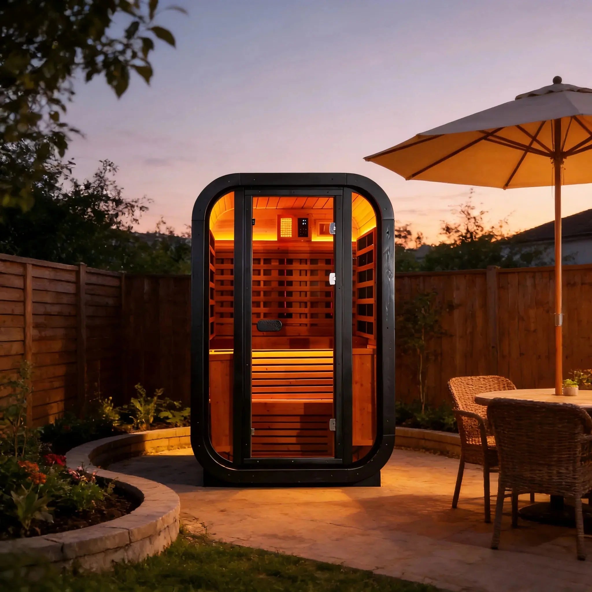 Outdoor Far Infrared Sauna – Carbonized Spruce Wood, Dark Tea-Tinted Glass