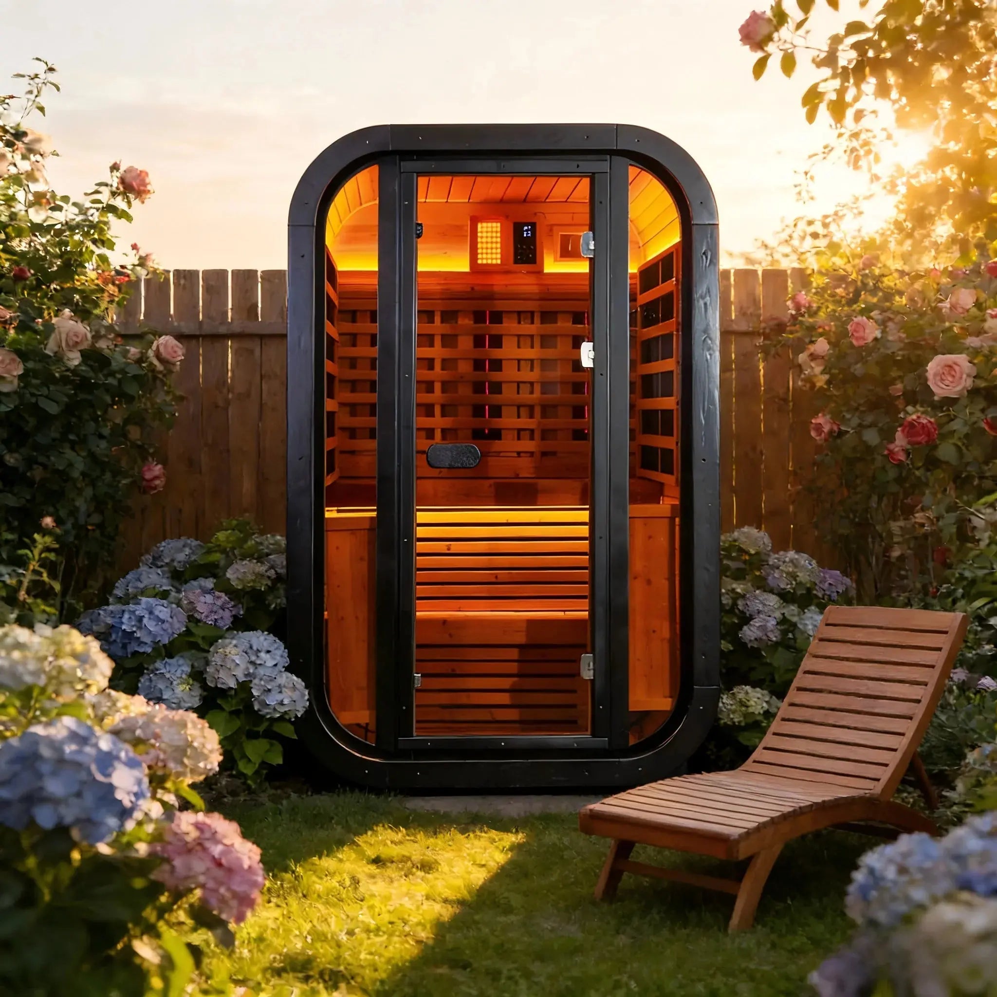 Outdoor Far Infrared Sauna – Carbonized Spruce Wood, Dark Tea-Tinted Glass