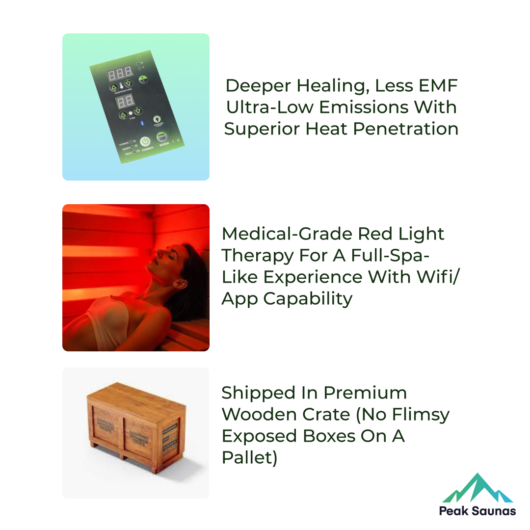 Peak Saunas Rainier 1-Person Full Spectrum Infrared Sauna with Built-In XL Medical-Grade Red Light Therapy & Smart WiFi App Control