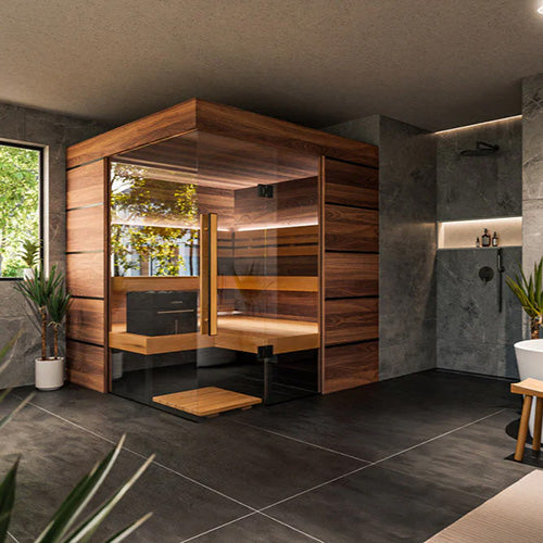 ThermaSol Astra Sauna Cabin | Indoor Sauna, Left Door, Transparent Glass with Virta 9kW Heater & CX45 Digital Control