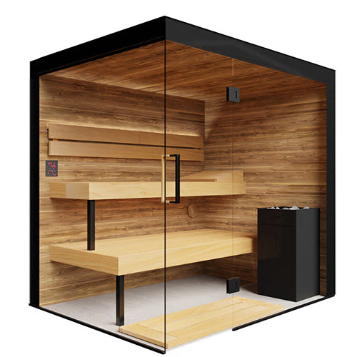 ThermaSol Lumaria Indoor Sauna Cabin | Medium Cabin, Door Right, Transparent Glass with Harvia Virta 9kW Heater
