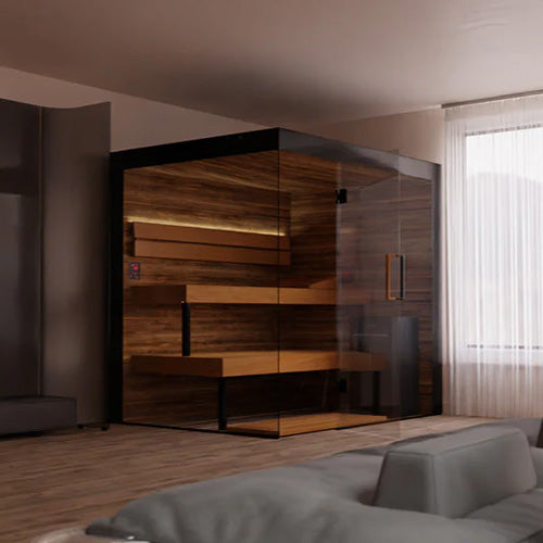 ThermaSol Lumaria Indoor Sauna Cabin | Medium Cabin, Door Right, Transparent Glass with Harvia Virta 9kW Heater