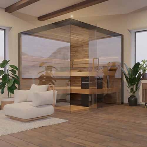 ThermaSol Lumaria Indoor Sauna Cabin | Medium Cabin, Door Right, Transparent Glass with Harvia Virta 9kW Heater